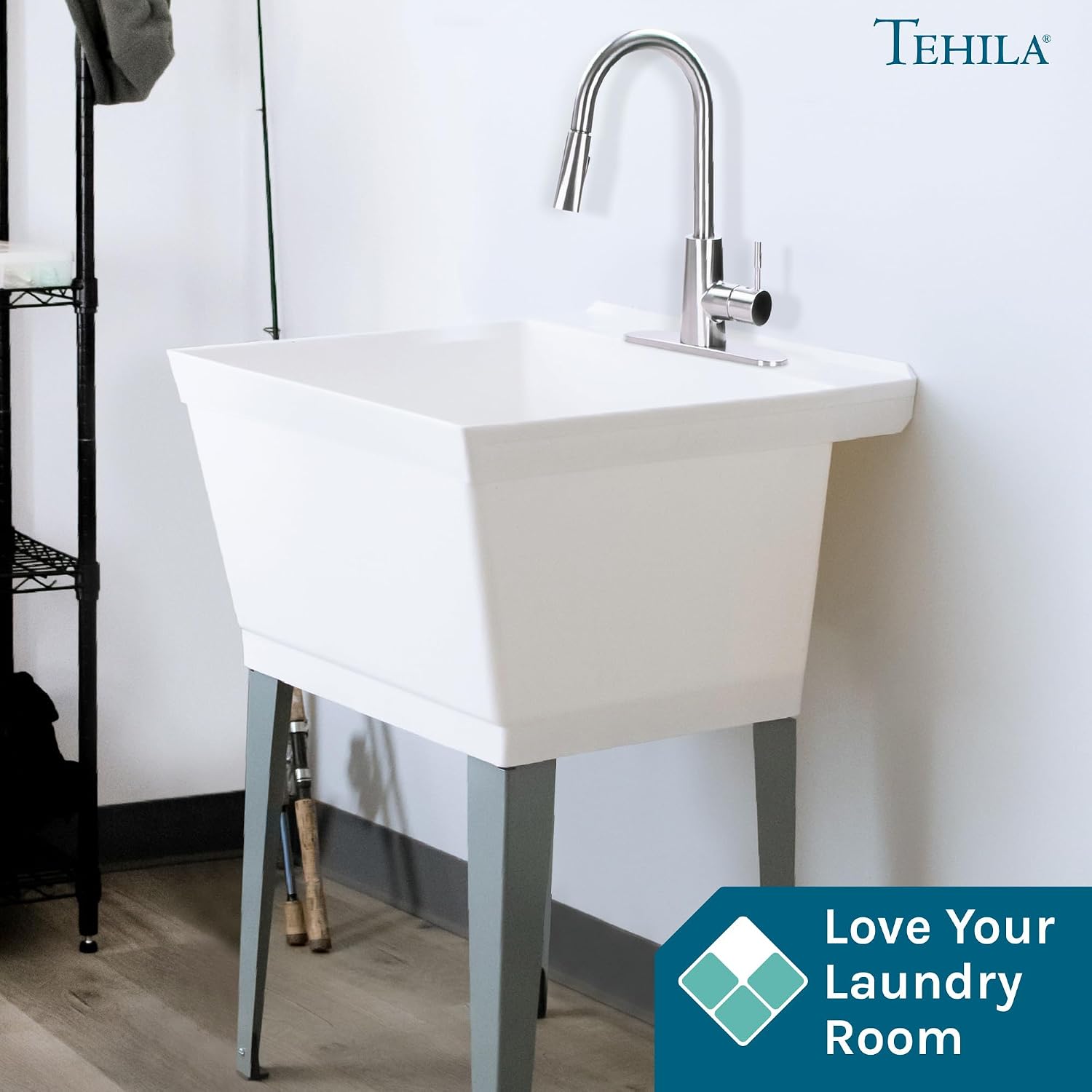 White Utility Sink Laundry Tub with High Arc Stainless Faucet for Laundry Room Basement, Garage