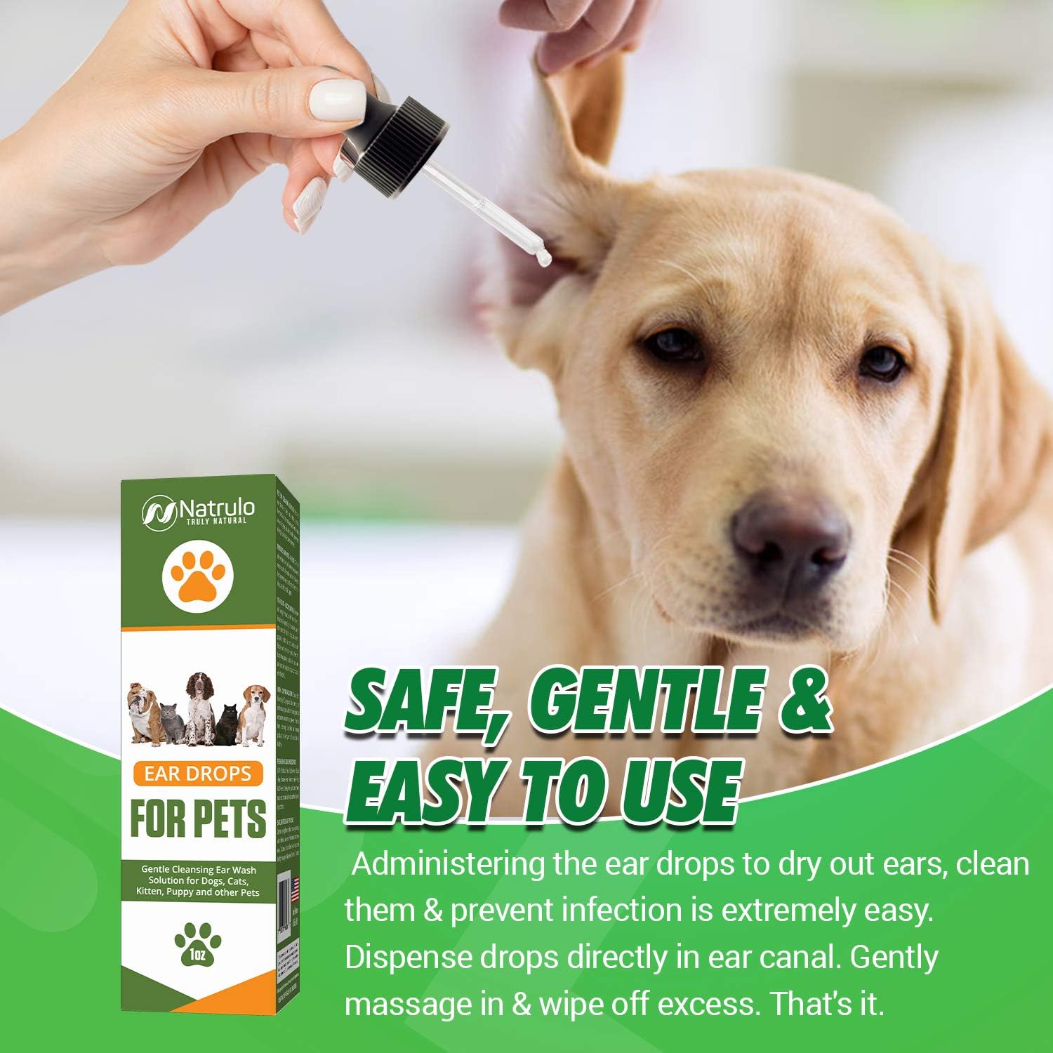 Natural Ear Cleaner for Dogs, Cats, Kitten, Puppy – Gentle Cleansing Ear Wash Solution Mite Infection & Yeast Treatment for Pets – Drying