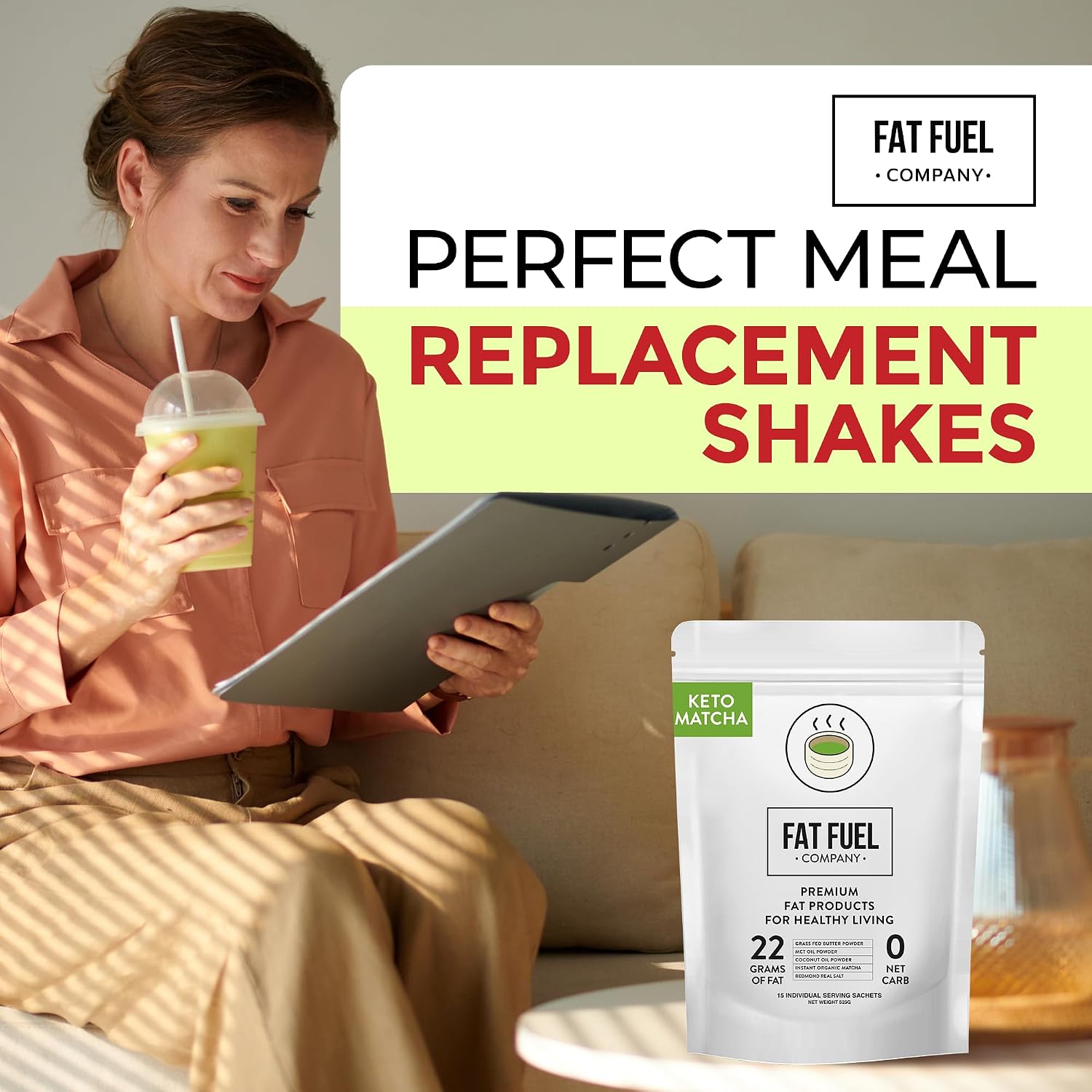 FAT FUEL Keto Matcha 22g Premium Fats - With Grass Fed Butter, MCT Oil, Coconut & Redmond Real Salt - Instant Organic Matcha, Zero Net Carb