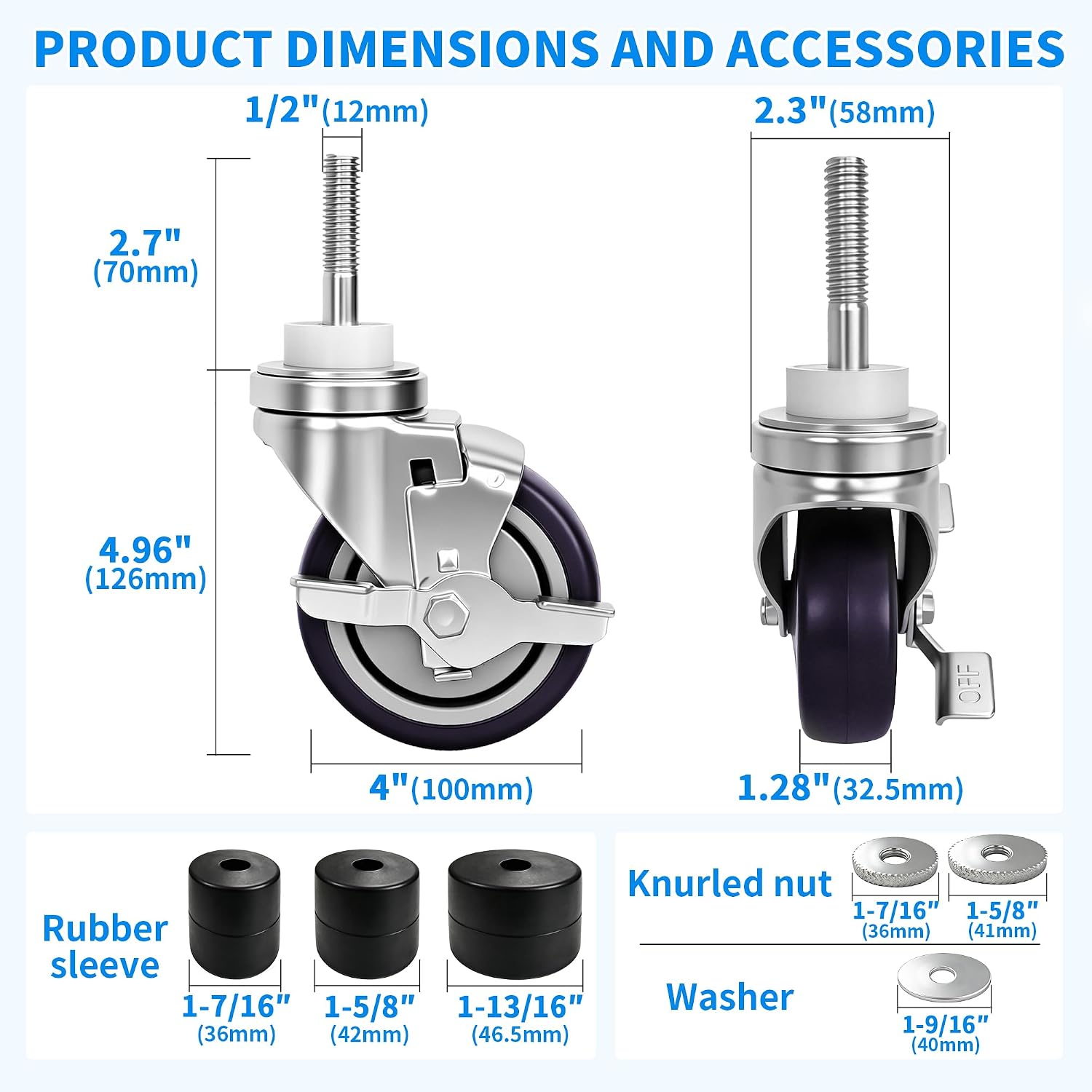 MySit 4 inch Work Table Caster Wheels for Commercial Kitchen Prep Tables