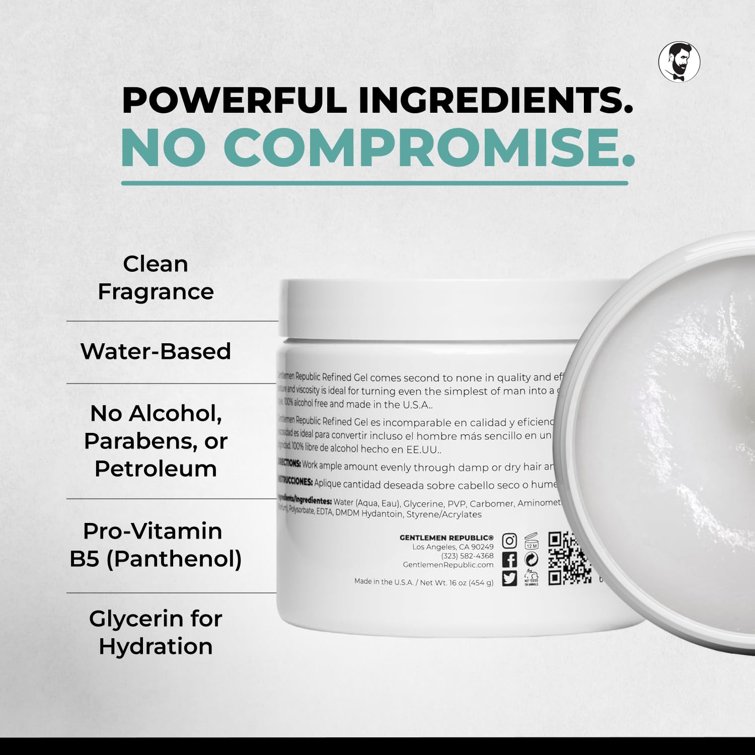 Gentlemen Republic 8oz Refined Hair Gel, 24 Hour Shine and Hold | Humidity resistant, alcohol-free formula that never flakes — professional hold made in the USA