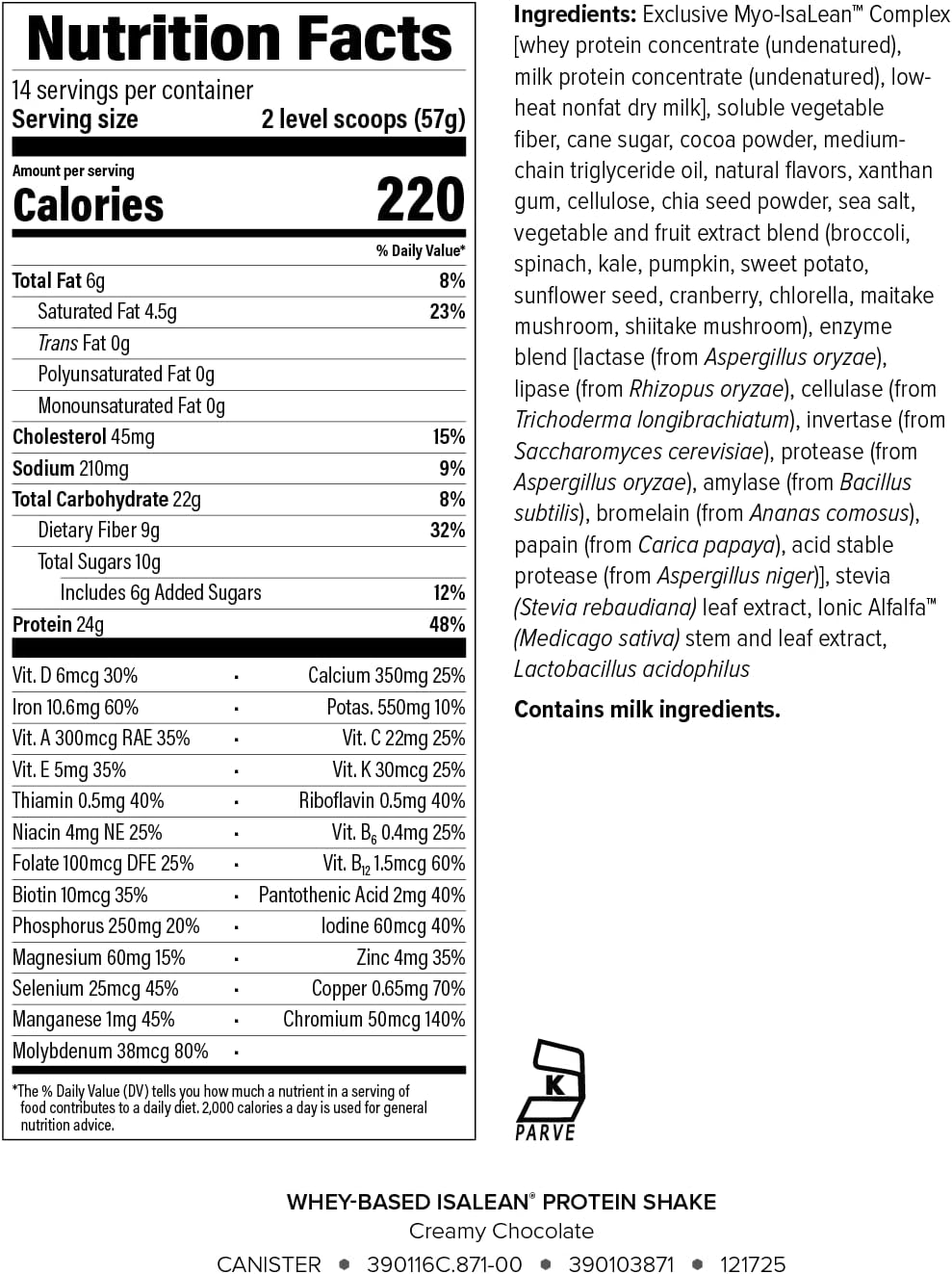 IsaLean Protein Shake - Complete Nutrition for Maintaining Healthy Weight & Lean Muscle Growth Enhanced with MCT Oil - 24 Vitamins & Minerals - 28.1 oz - 14 Meal Canister - Creamy Chocolate