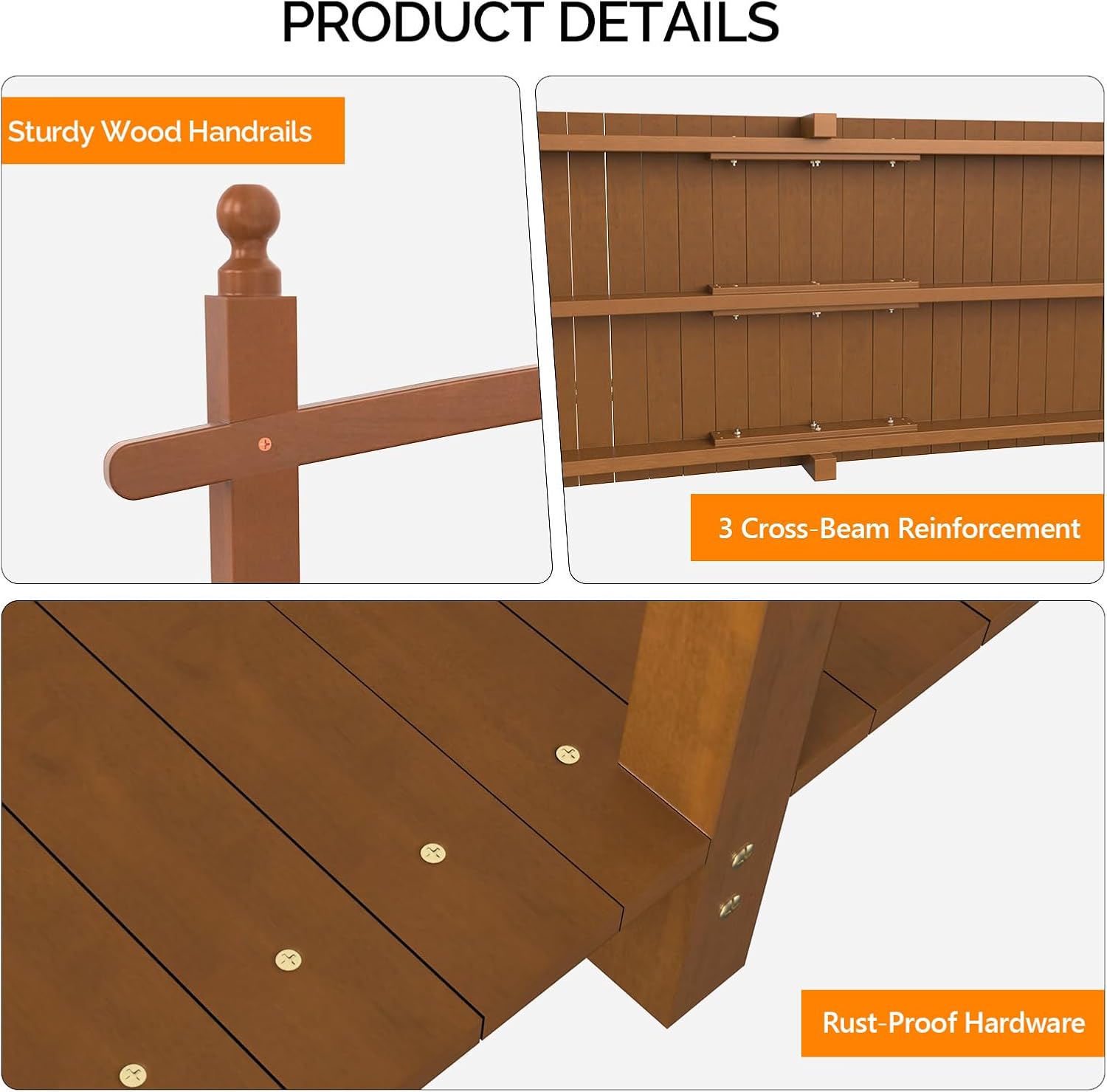 VINGLI 5 ft Garden Bridge, Classic Wooden Arch with Safety Rails Stained Finished Footbridge, Decorative Pond Landscaping, Backyard, Creek or Farm