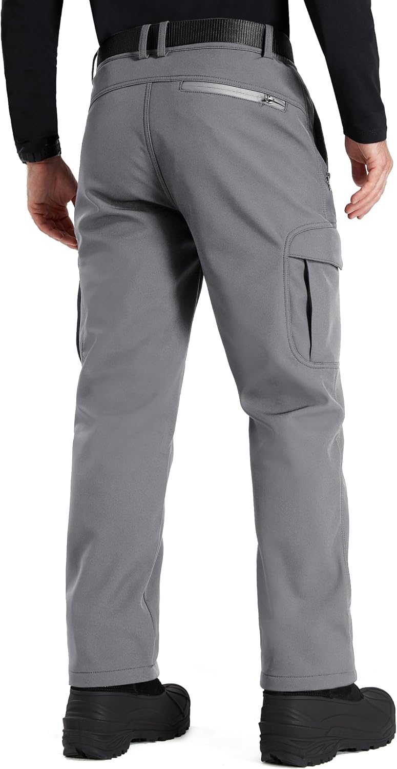 FREE SOLDIER Men's Outdoor Softshell Fleece Lined Cargo Pants | Snow Ski Hiking Pants with Belt, Waterproof Winter Pants, Insulated Work Pants, Breathable Windproof Insulated Pants