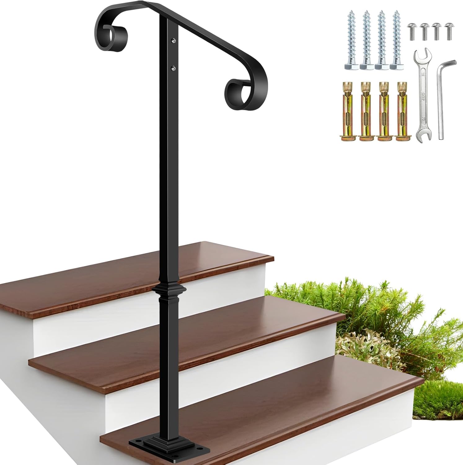 Wrought Iron Handrail 38.8" H, Single Post Handrail Fits 1 or 2 Steps