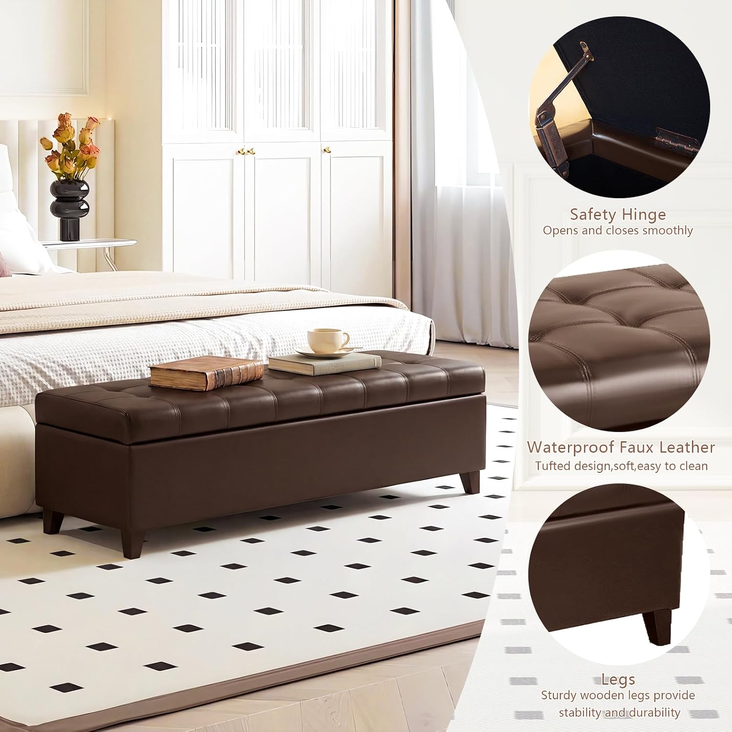 51 Inch Storage Bench,Leather Tufted Storage Ottoman with Legs | Safety Hinges,Wooden Legs,Upholstered,End of Bed,Bedroom,Living Room,Entryway,330LBS,Brown