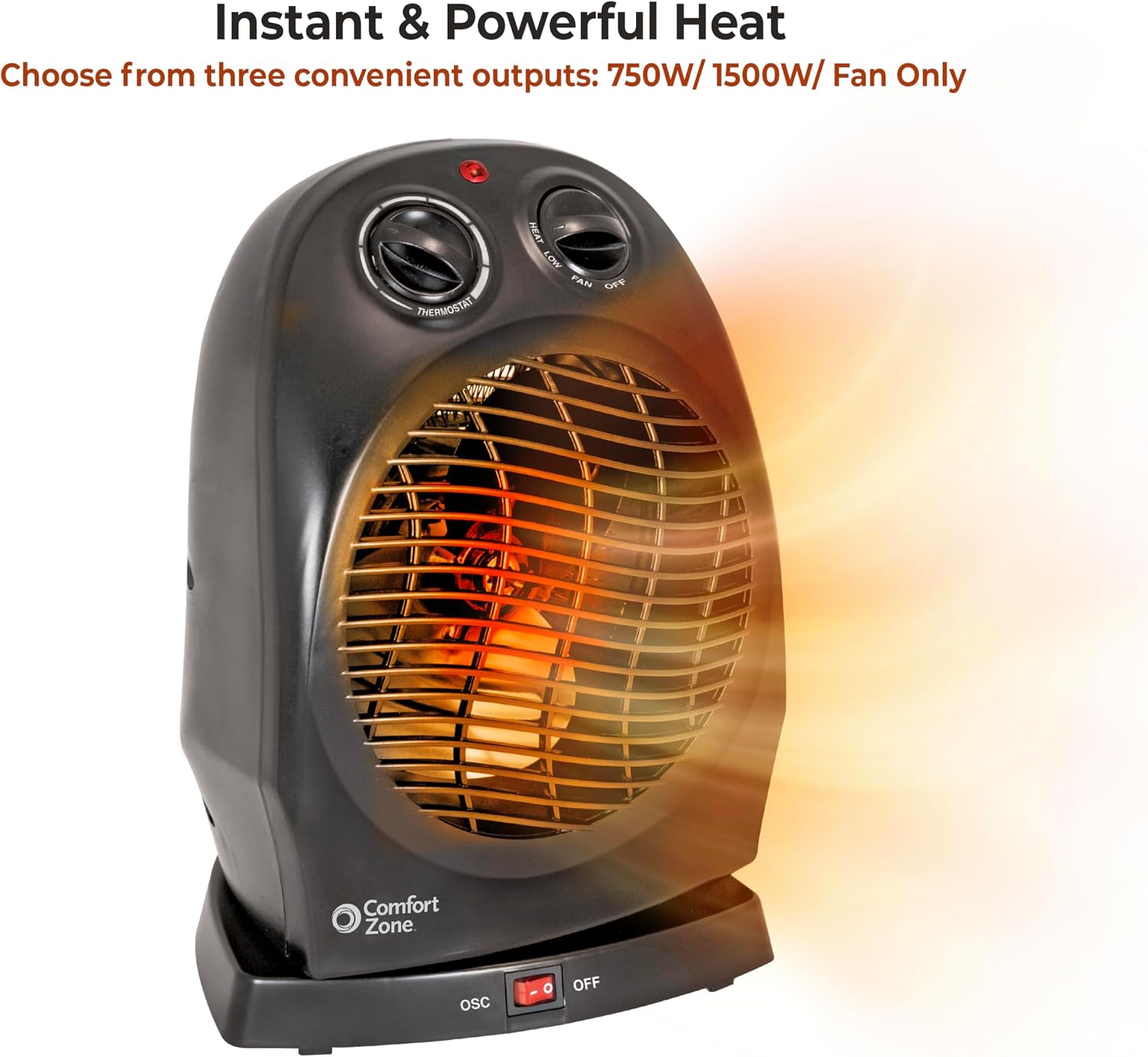 Comfort Zone CZ50 750/1500-Watt Fan-Forced Oscillating Electric Portable Heater with Adjustable Thermostat, Built-in Overheat Sensor, Safety Tip-Over Switch, and Heat Resistant Housing, White