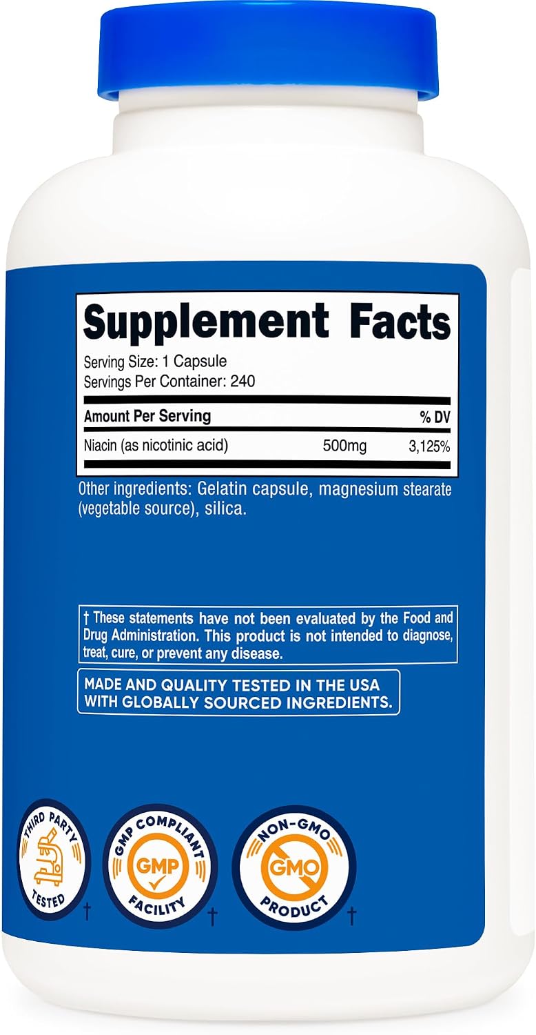 Nutricost Niacin (Vitamin B3) 500mg, 240 Capsules, with Flushing, GMO-Free | Gluten-Free