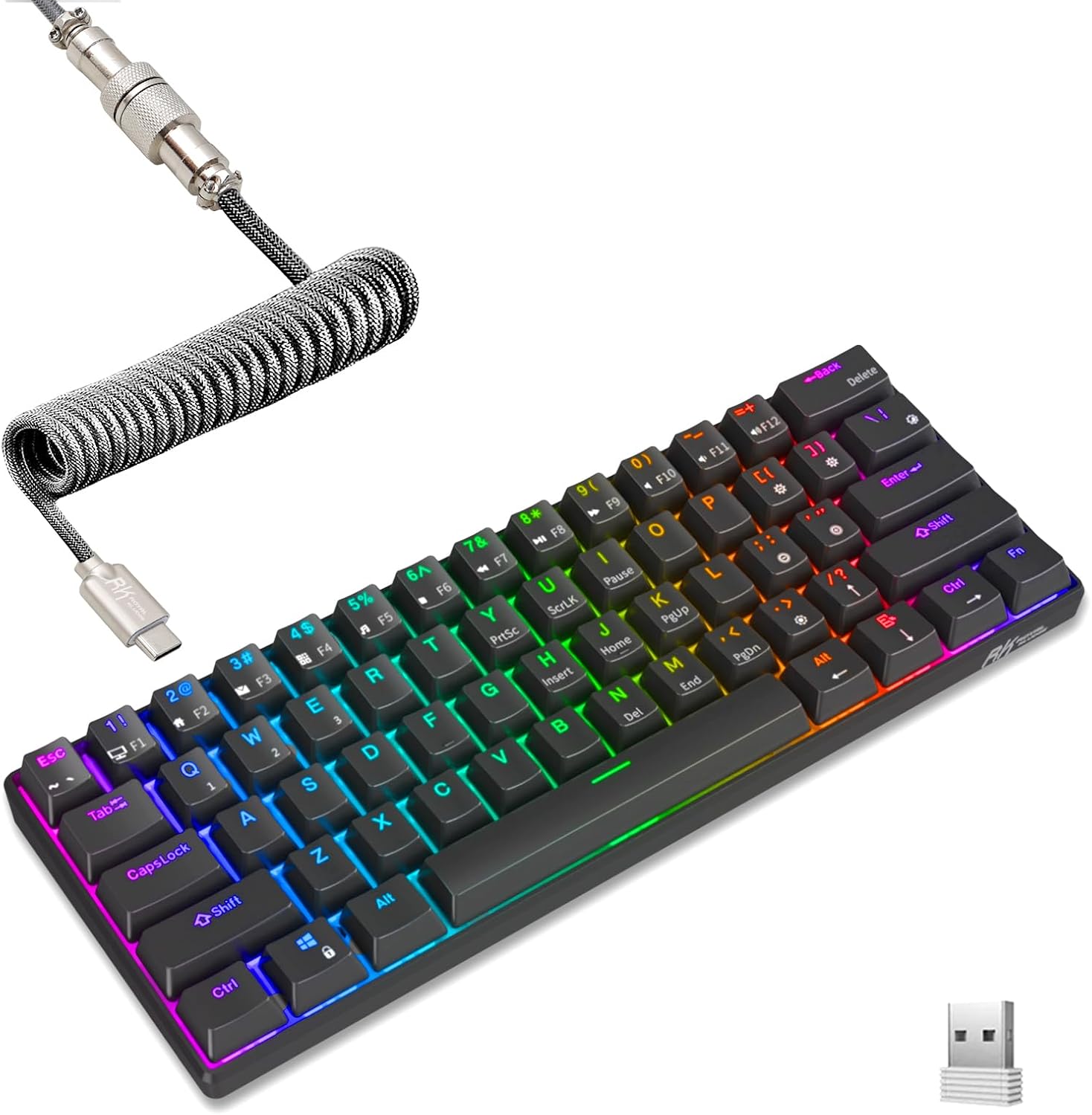 RK ROYAL KLUDGE RK61 Wireless Mechanical Keyboard, 60% Percent RGB, White | Hot Swappable Gaming Keyboard with Bluetooth/2.4G/USB, 61 Keys Ultra-Compact for Win/Mac/PC, Coiled Cable, Linear Red Switch