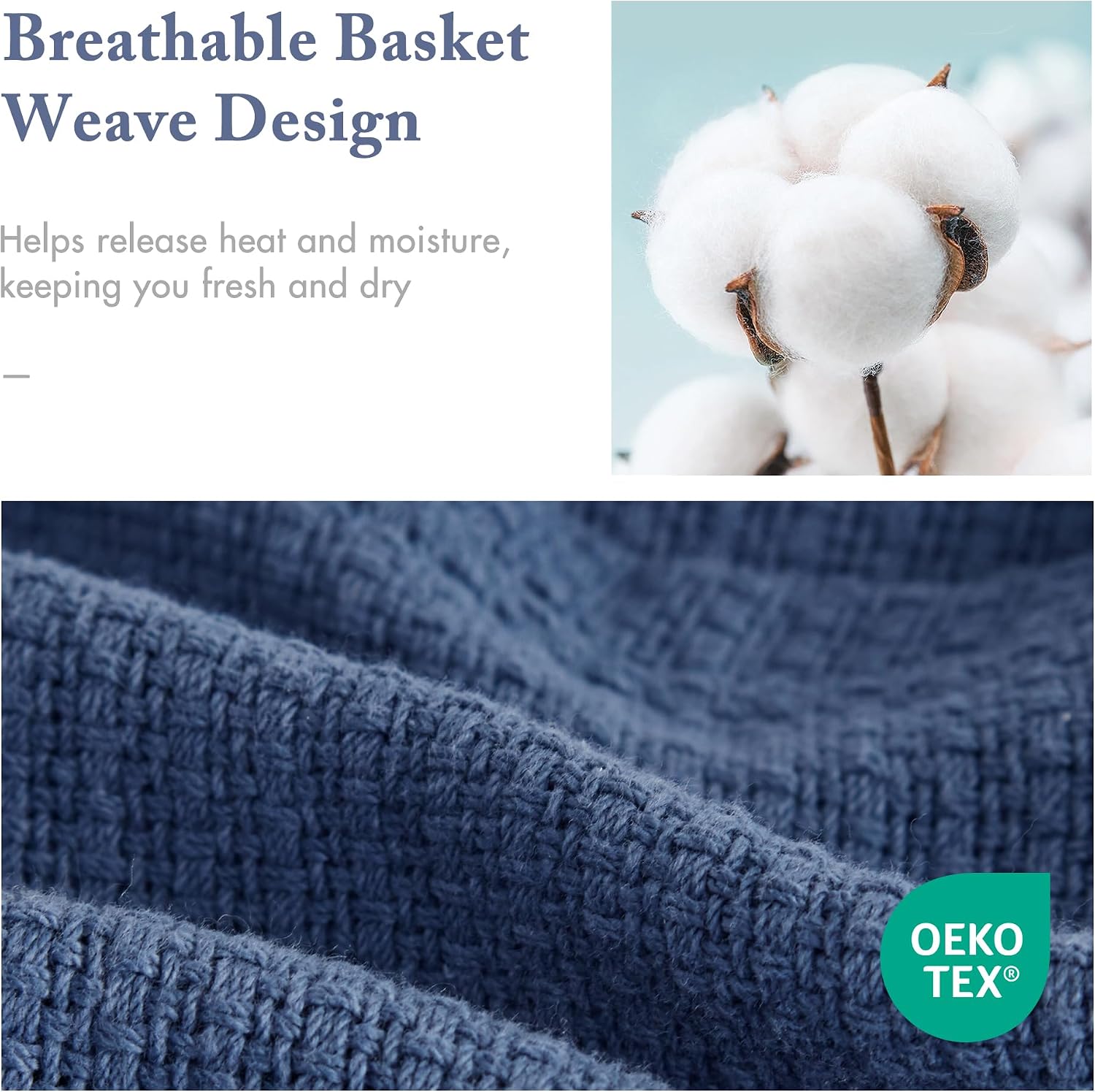 Madison Park 100% Cotton Breathable Queen Size Blanket for Bed, Blue | Freshspun Basketweave, All Season, Farmhouse Classic Bed Cover Full for Summer, OEKO TEX, Warm Home Essential For Couch, Sofa