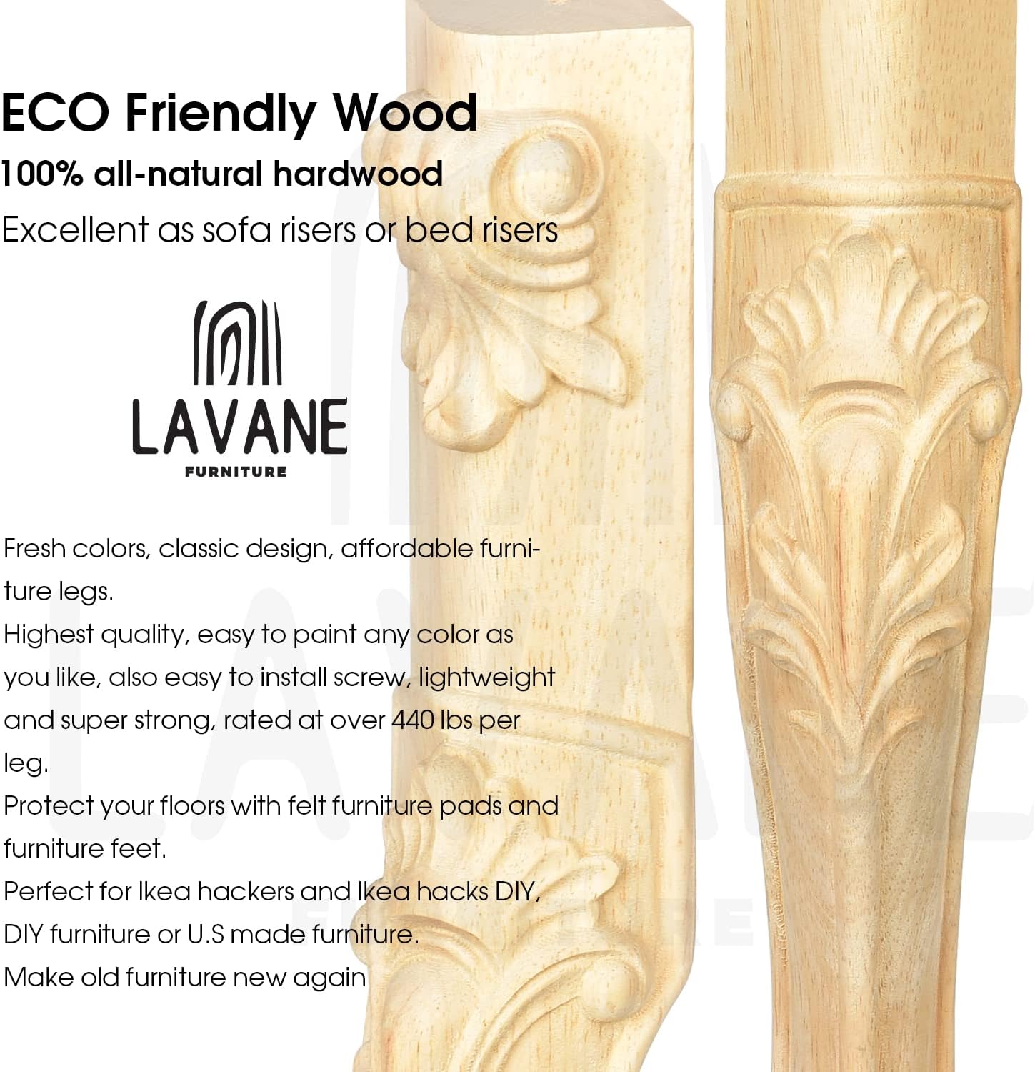 La Vane 6 inch / 15cm Wooden Furniture Legs, Set of 4 European Style Solid Wood Carving Furniture Replacement Feet Decoration for Sofa Cabinet Wardrobe Table Loveseat