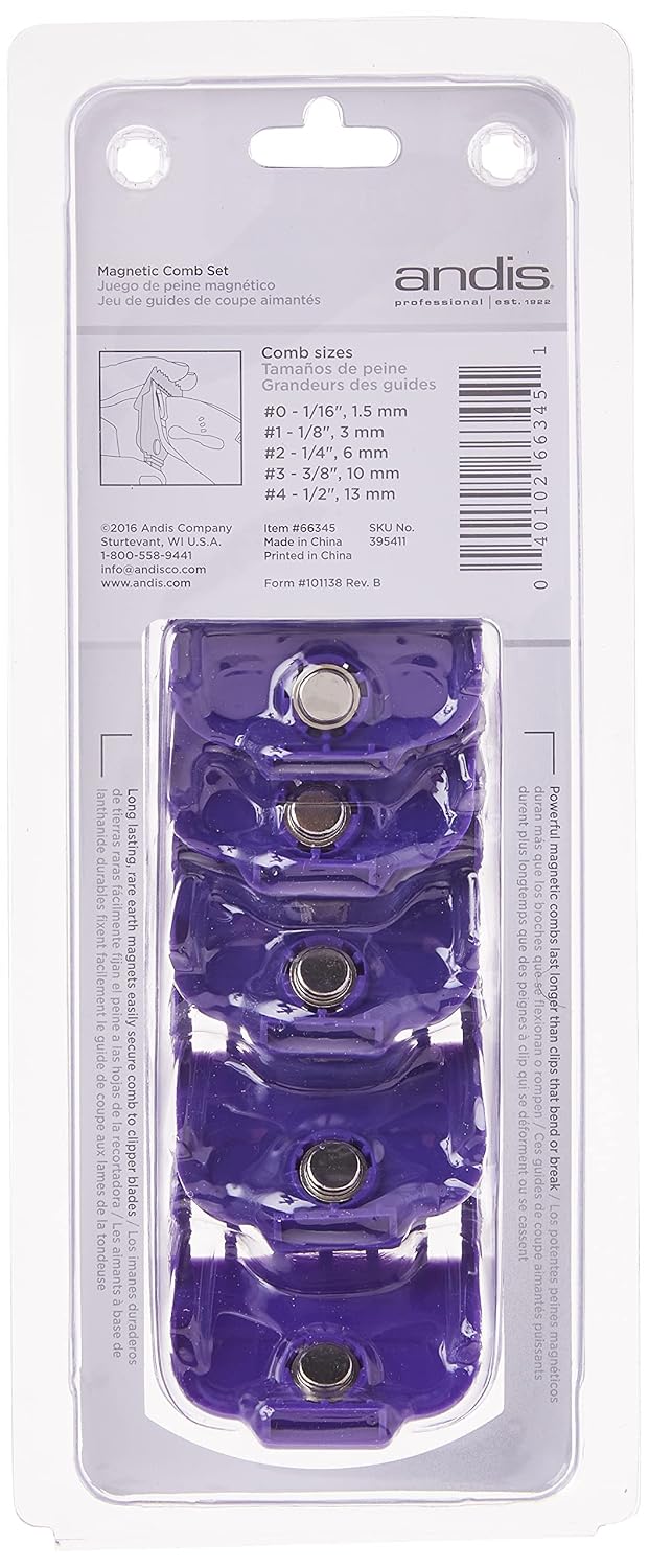 Andis 66345 Nano-Silver Magnetic Attachment 5 Combs with Long-Lasting Performance - Sizes 6", 8", 4", 3/8", 2"