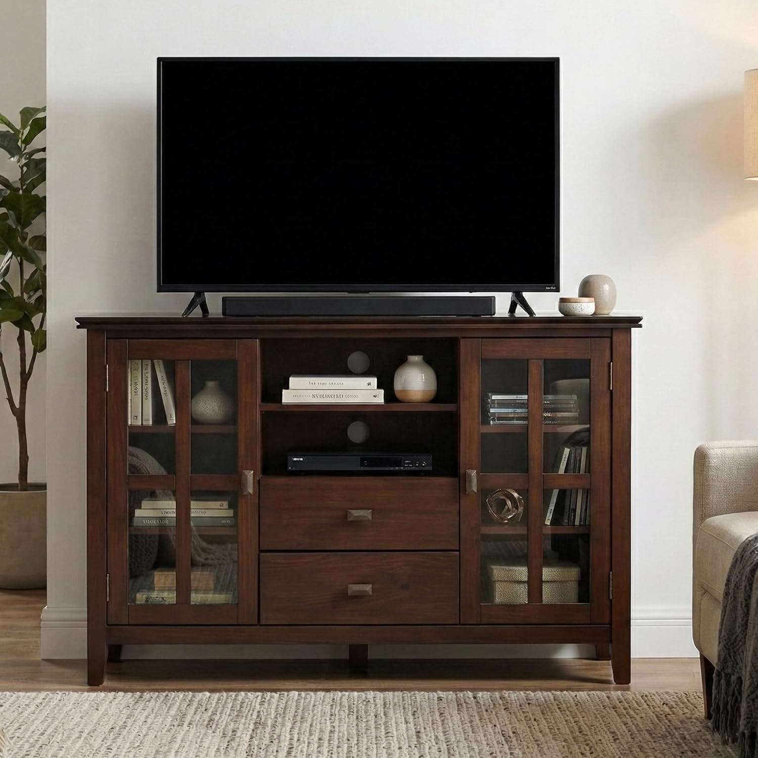 SIMPLIHOME Artisan 53" Wide Solid Wood TV Stand in Russet Brown