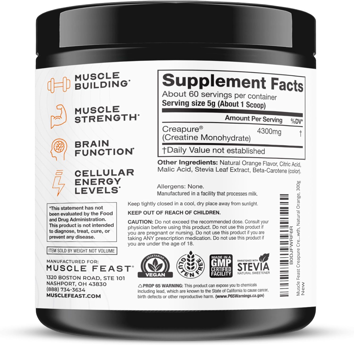 Muscle Feast Creapure Creatine Monohydrate Powder, Unflavored (300g) | Vegan, Non-GMO, Keto Friendly Mass Gainer, Muscle Recovery Supplement & Trusted Creatine for Muscle Growth, Creatine Powder