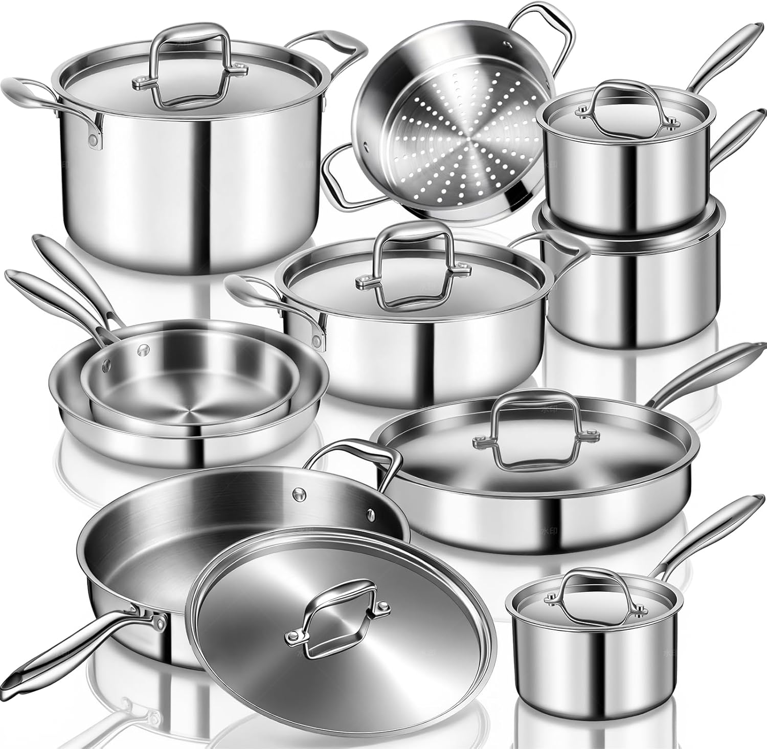 EWFEN Stainless Steel Cookware Set, 3 Ply 17 Piece Stainless Steel Pot and Pan Set, Oven Dishwasher Safe | Induction Compatible Frying Pans, Saucepans