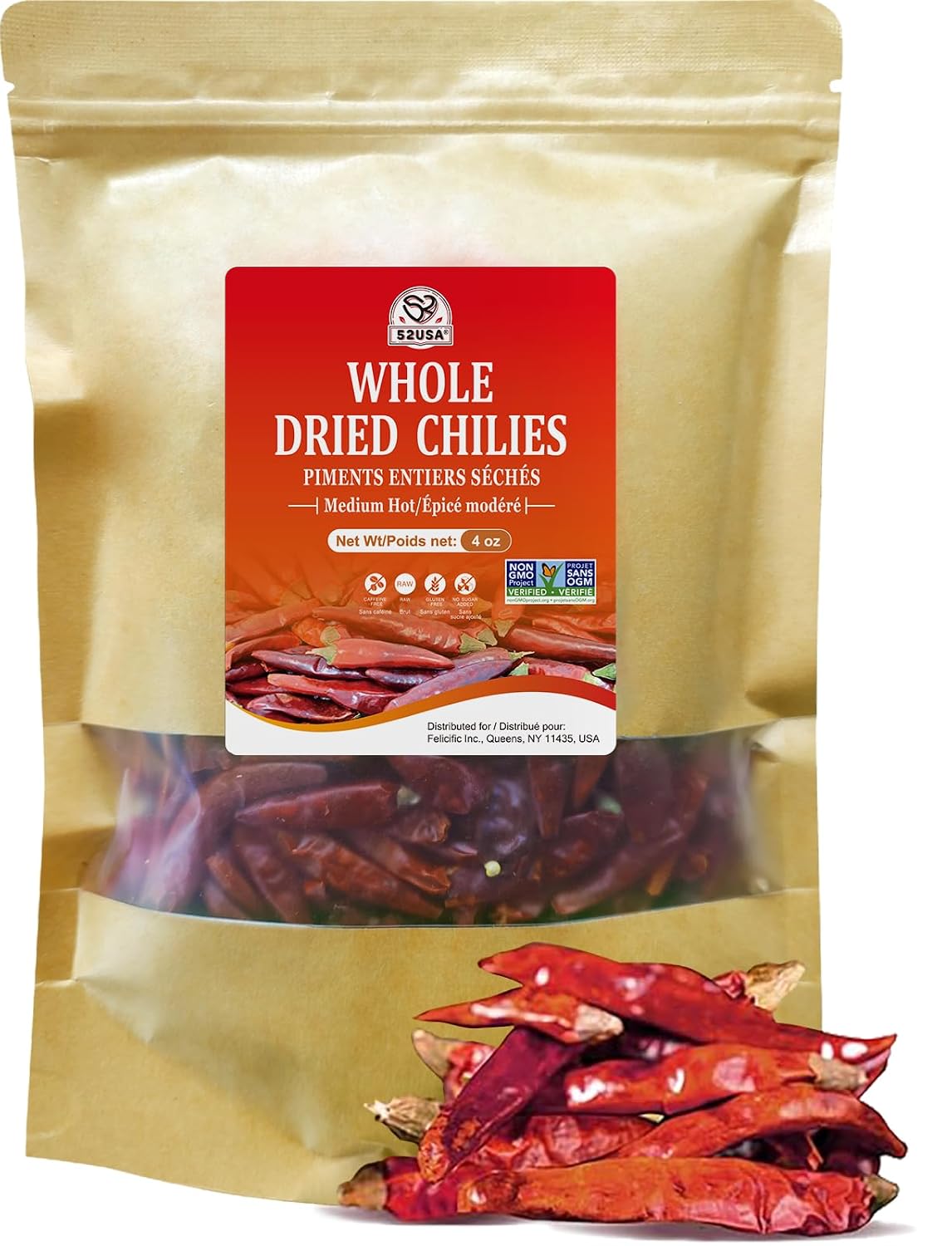 52USA Whole Dried Chilli Peppers, Medium Spicy Dried Chilies 4 Oz, Natural and Premium Red Chili Pepper, Szechuan Red Peppers, Whole Dry Chili Pepper