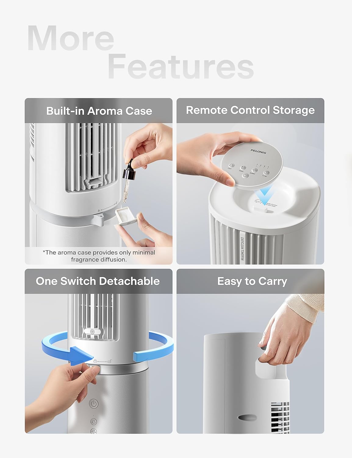 PELONIS 40-inch Bladeless Tower Fan for Bedroom, Standing Fan with Remote Control, 26ft/s, 90° Oscillation, 3 Speed Settings, 27 dB, 3 Modes