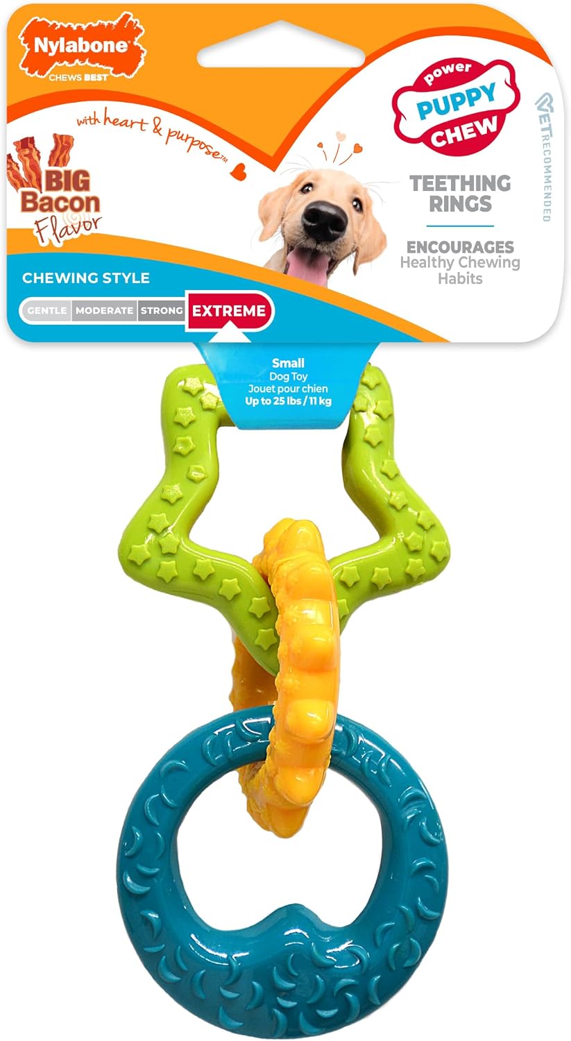 Nylabone Puppy Pacifier Chew Toy, Teething Toys for Puppies up to 25 lbs | Puppy teething toys with bacon flavor, soft material, textured nubs massage gums