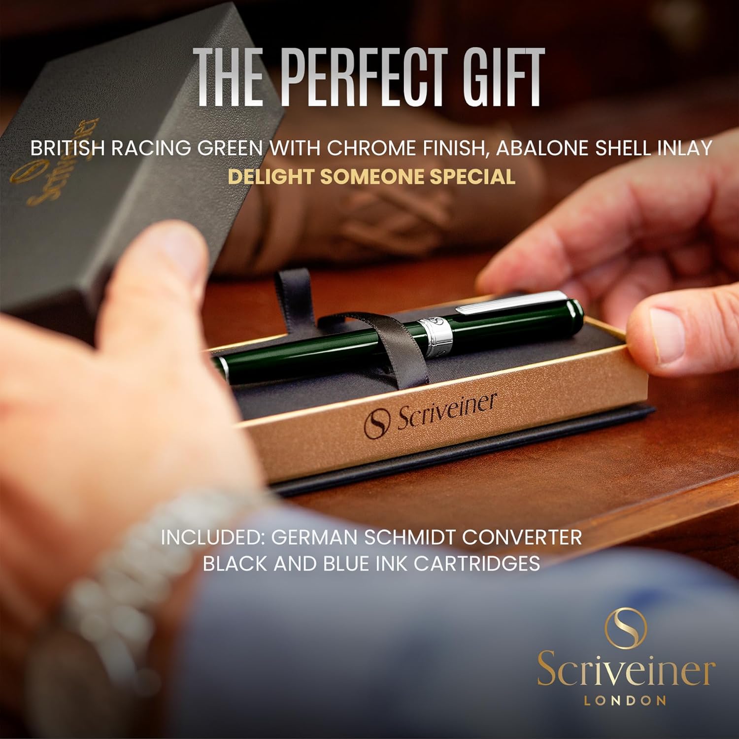 Scriveiner Silver Chrome Fountain Pen - Stunning Luxury Pen, Real Gold Finish Schmidt Gilded Nib (Medium), Best Pen Gift Set for Men & Women