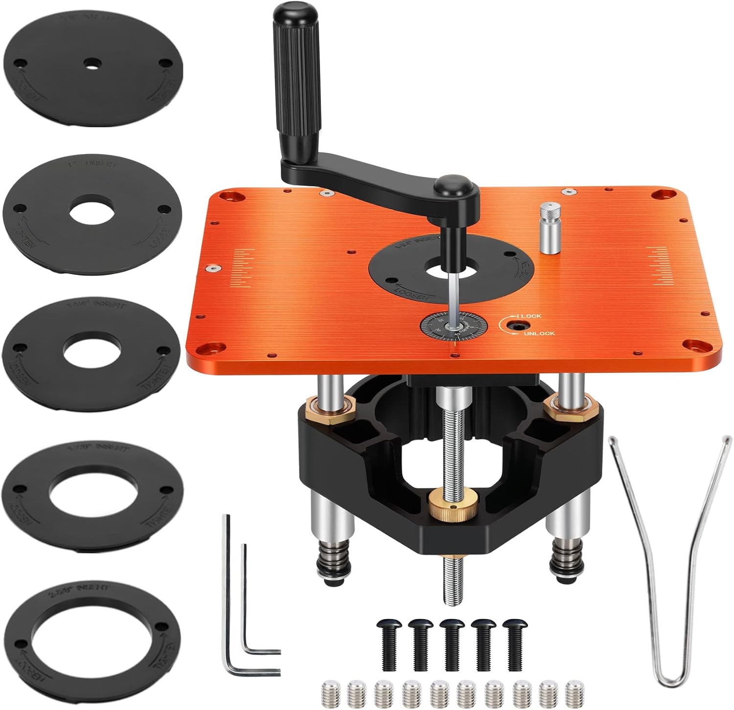 Precision 3-1/2" Router Table Lift Systems for 3-1/2" Diameter Motor | 9-1/4'' x 11-3/4'' Router Table Insert Plate with 5 PCS Insert Ring for Bosch