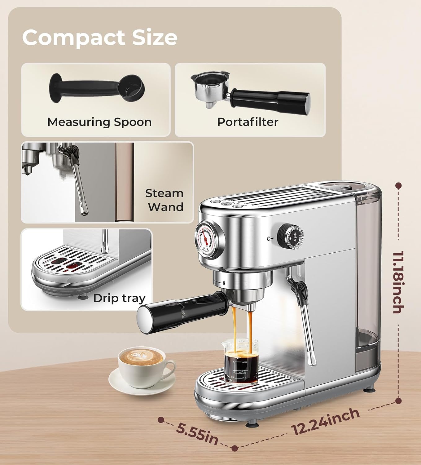 atatix 20 Bar Espresso Machine with Milk Frother, Compact Espresso Maker | Stainless Steel Coffee Machine with Precise Temp Control, 44oz Removable Water Tank for Latte, Cappuccino, White