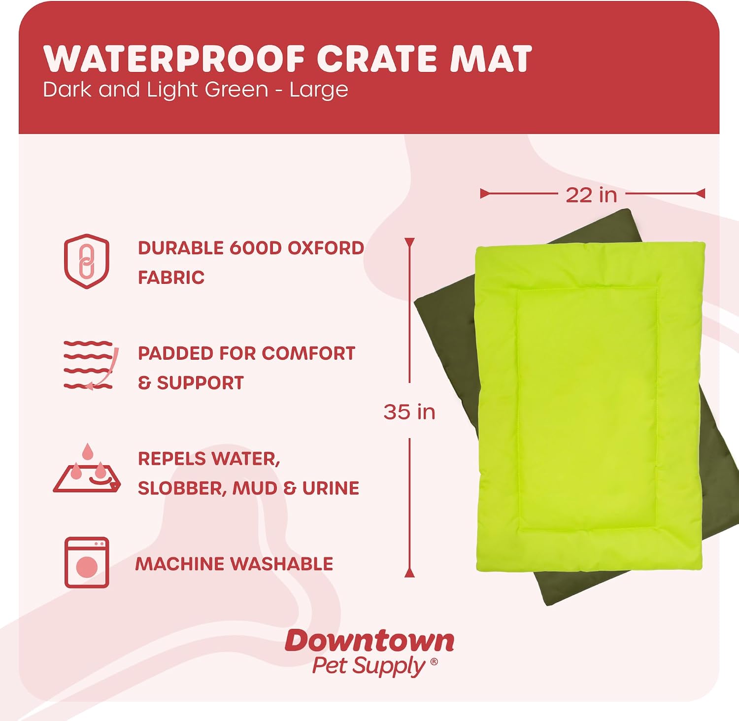 Downtown Pet Supply Dog Crate Pad, 35" x 22" - Waterproof, Ripstop Nylon Dog Crate Mat Chew Proof and Machine Washable - Dark and Light Green - L
