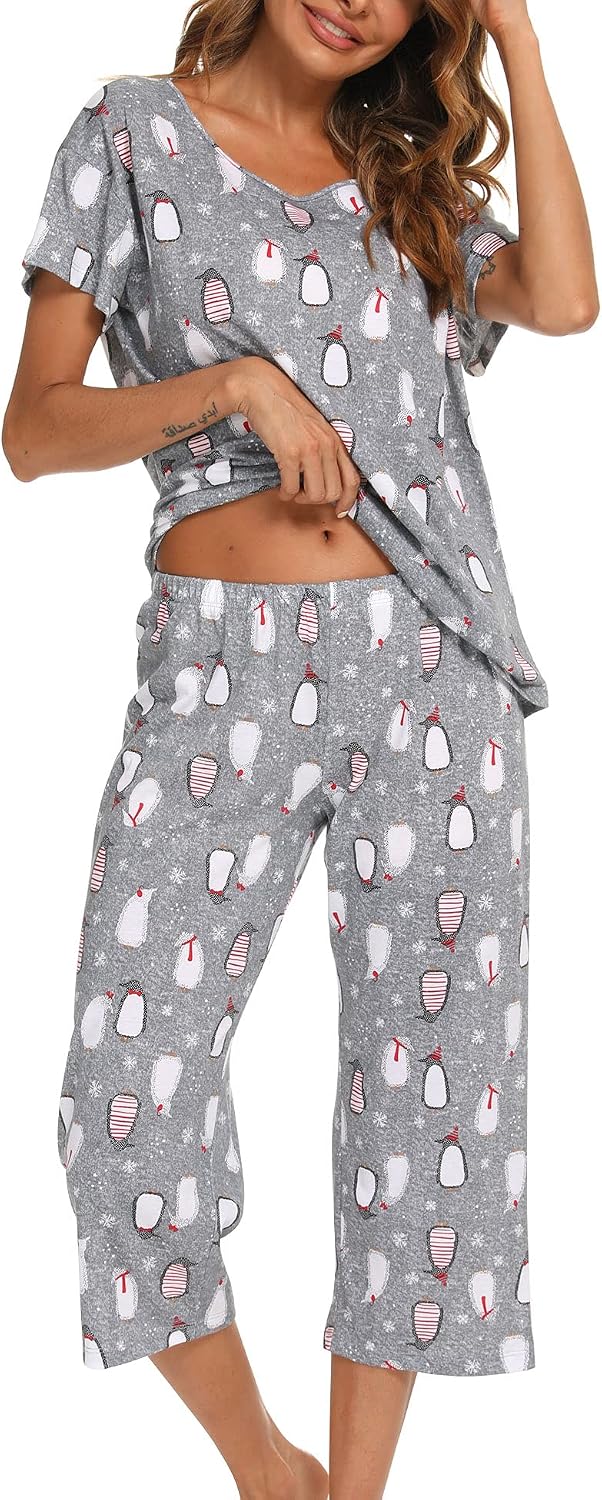 ENJOYNIGHT Womens Pajama Set Cotton Summer Pj Top with Capri Pant Sleepwear