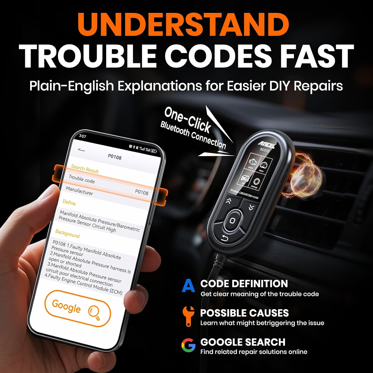 ANCEL BD310 Bluetooth OBD2 Scanner, 2-in-1 Car Diagnostic Scan Tool & Code Reader with App, Battery Test, Trip Analysis, Performance Test