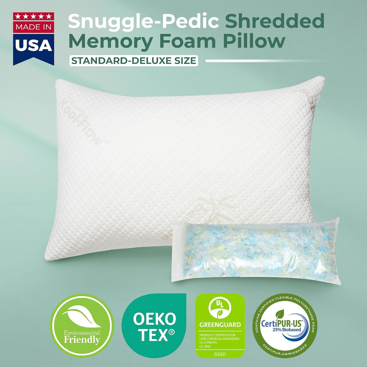Snuggle-Pedic Adjustable Memory Foam Pillows - GreenGold Certified Pillow w/ Viscose of Bamboo Cover for Side, Stomach & Back Sleepers - Made in the USA - Standard
