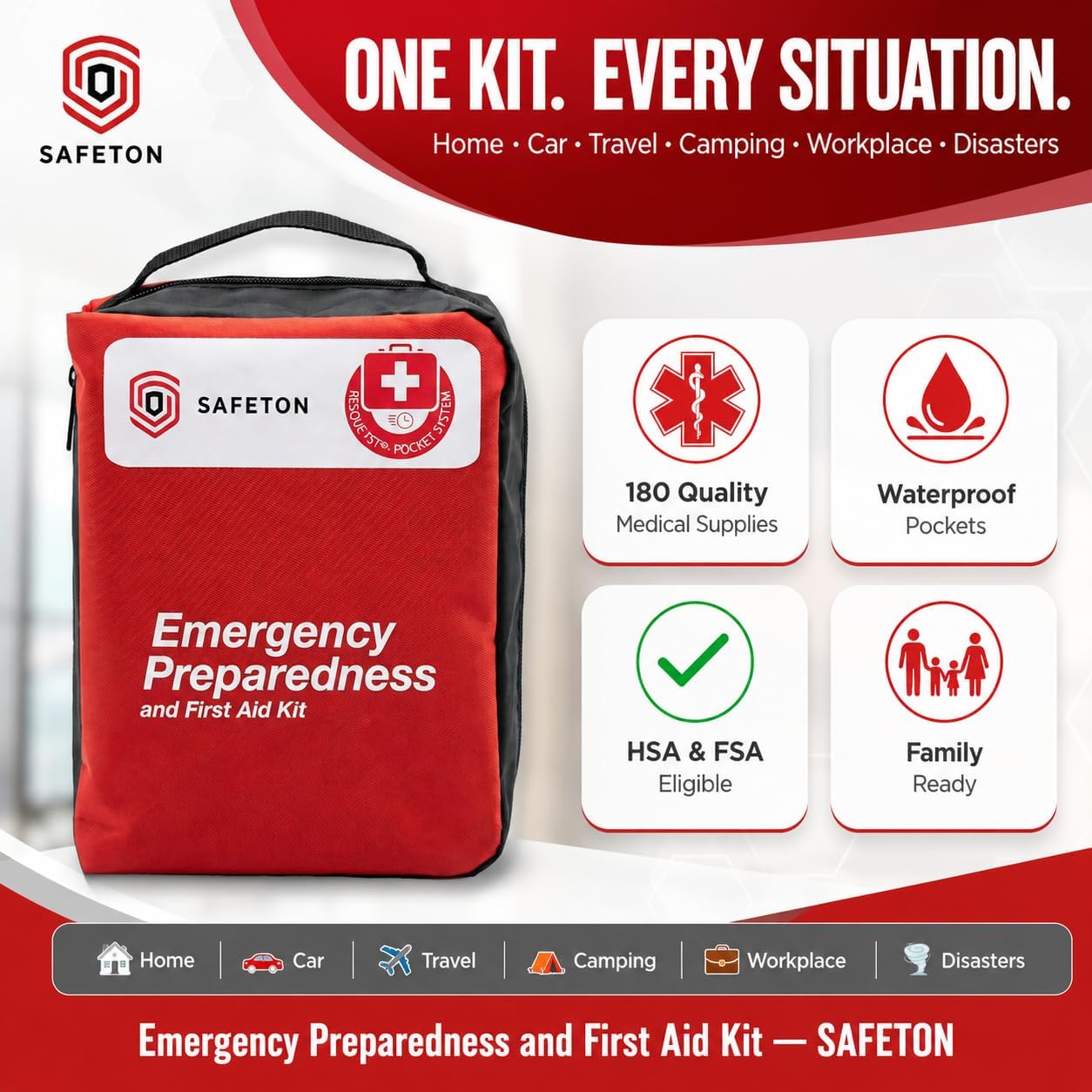 Safeton 180-Piece First Aid Kit, Portable Emergency Preparedness Medical Supply Bag for Home, Car, Travel, Camping, Hiking and Outdoor Activities