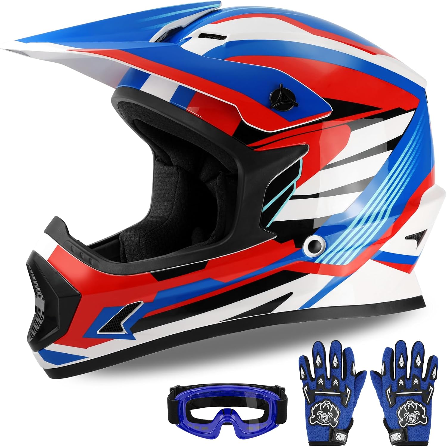 Kids Dirt Bike Helmet Youth Motorcycle Helmet DOT-Certified Full Face Helmets for Motocross ATV Off-Road Street Bike with Goggles & Gloves, Blue Flame Medium | Motorcycle Riding Gear included Goggles & Gloves, Ultra-Lightweight, For ATV UTV Off-Road, Blu…