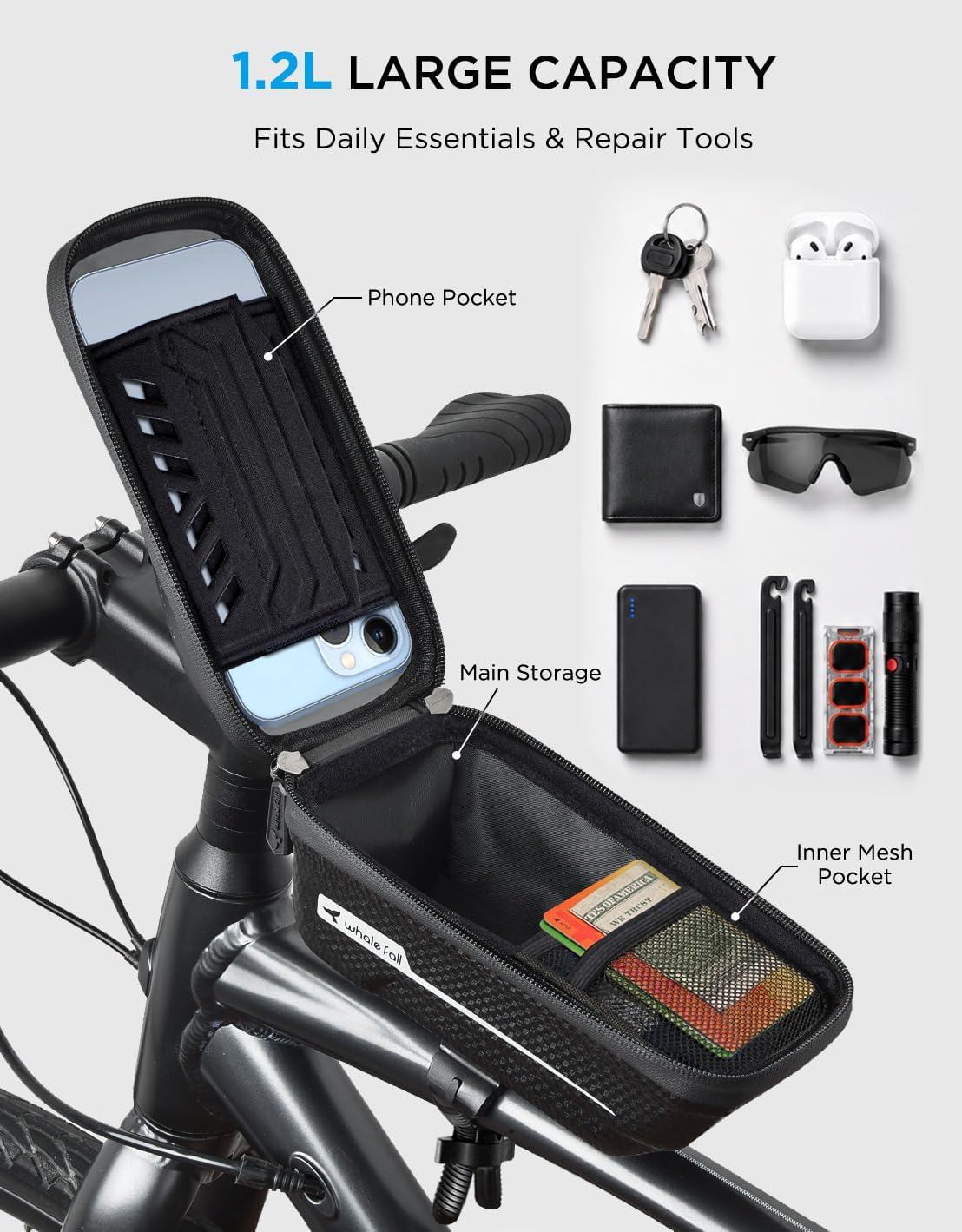 whale fall Bike Frame Bag Waterproof, 3D EVA Hard Shell, Bike Phone Holder