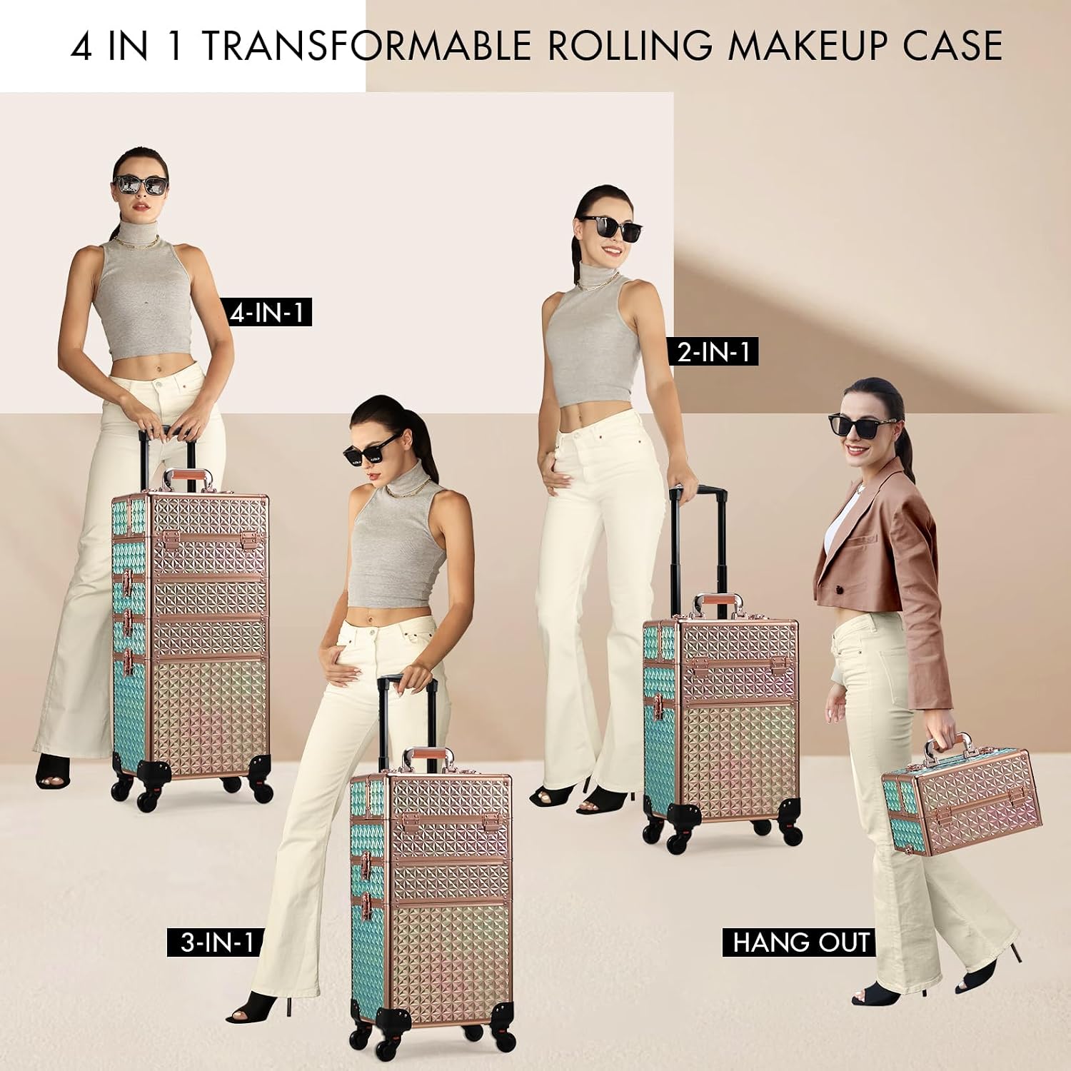 Stagiant Rolling Makeup Case Cosmetology Case on Wheels 4 in 1 Large Cosmetic Organizer Train Case Makeup Travel Case with Key Swivel Wheels Nail