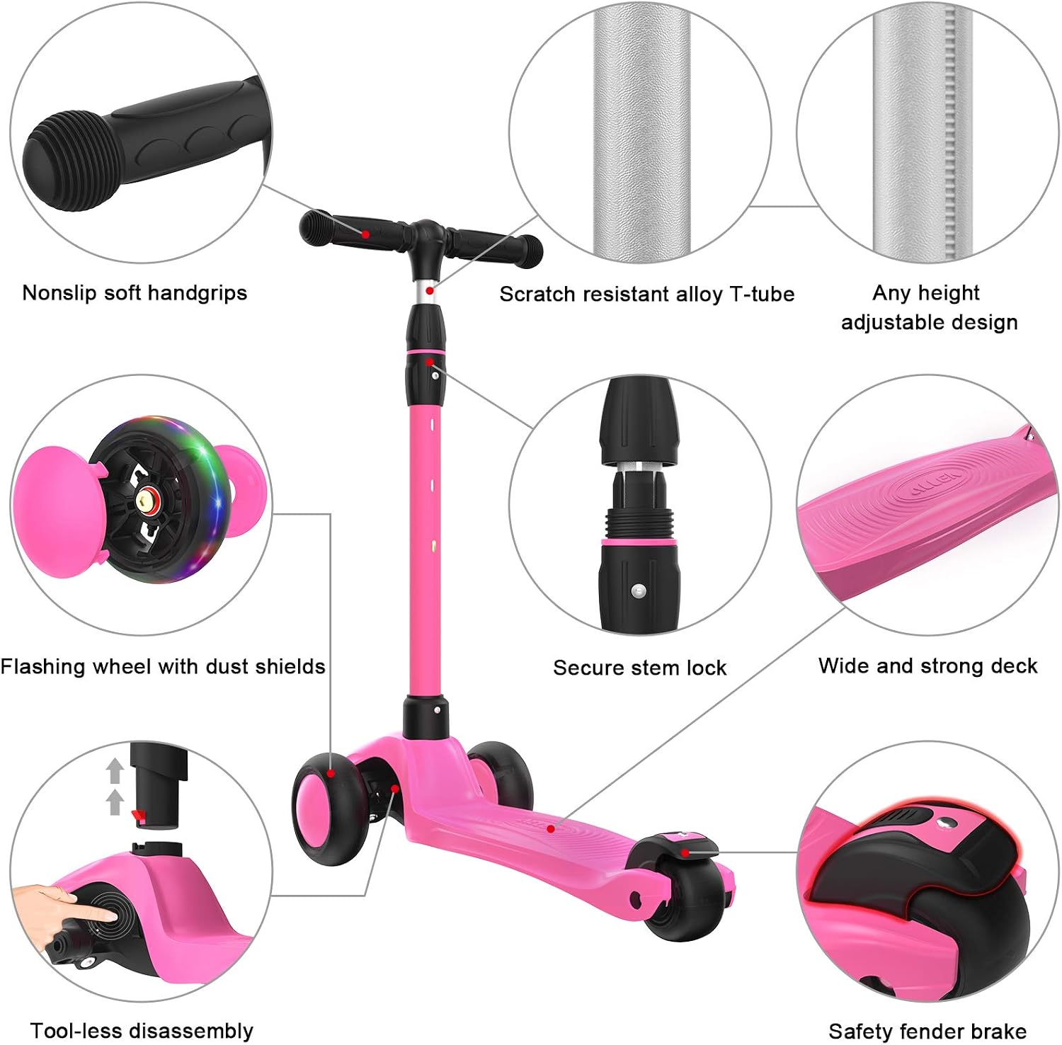 Allek Kick Scooter B03, Lean 'N Glide 3-Wheeled Push Scooter with Extra Wide PU Light-Up Wheels