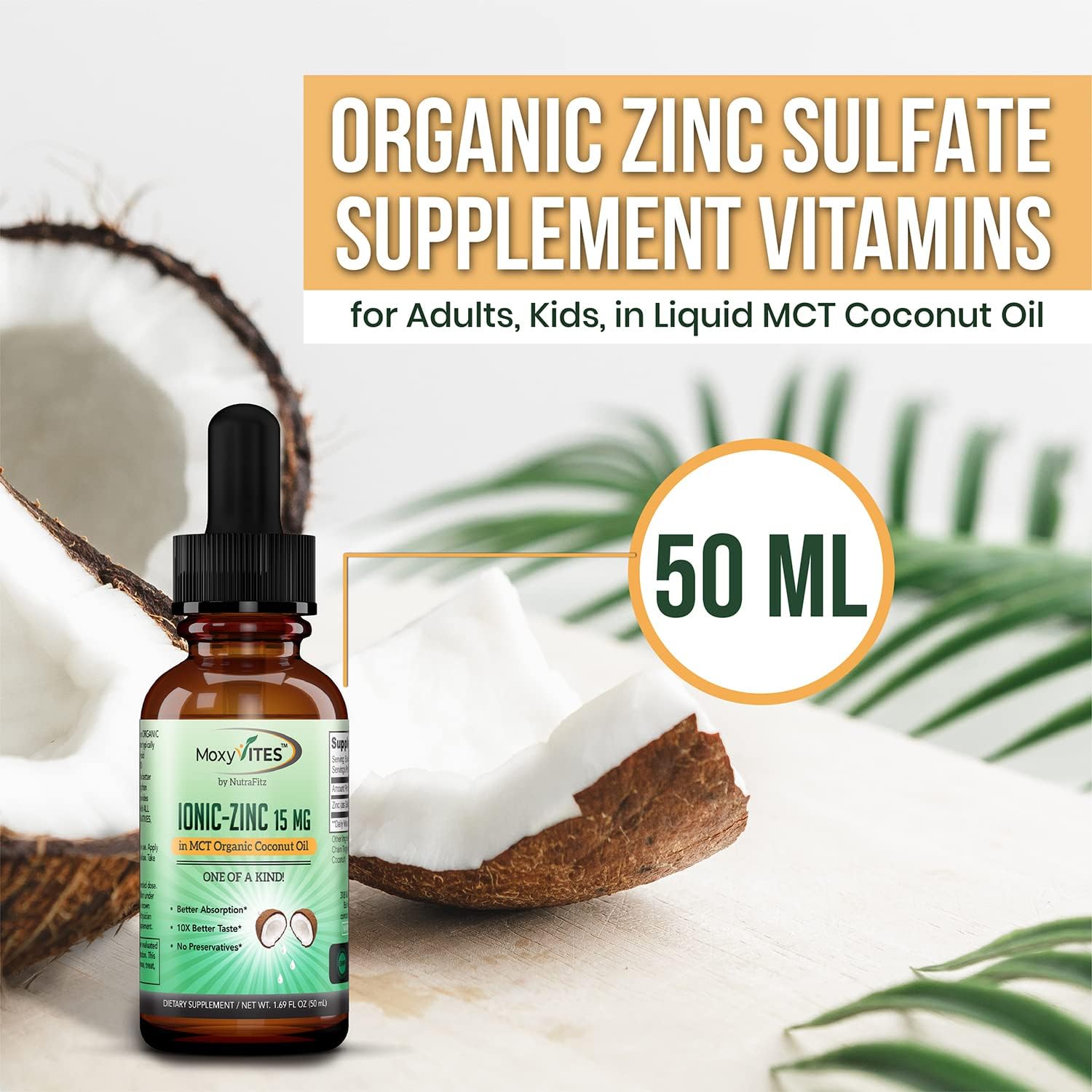 Organic Zinc Supplements for Kids, Adults - Zinc Sulfate - Liquid Zinc Supplement - Pure Ionic Zinc Drops in Coconut Oil for Immune Support