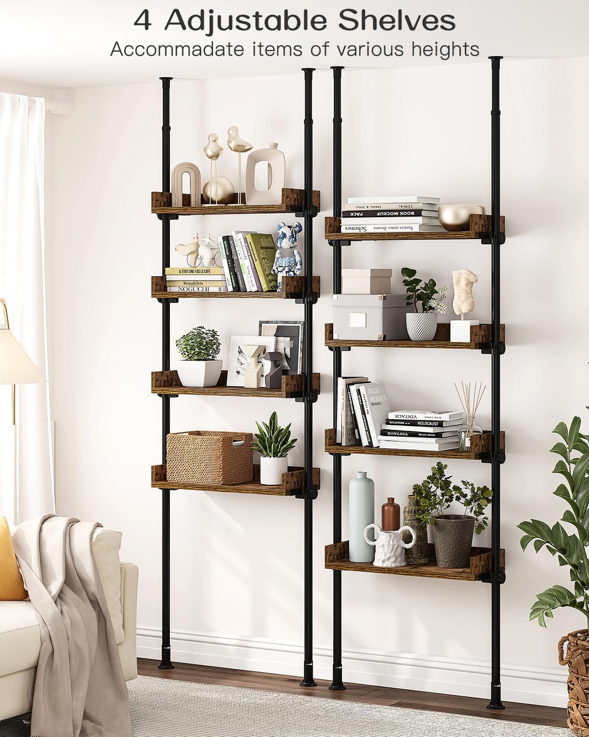 ALLZONE Bathroom Organizer, Over The Toilet Storage, 4-Tier Adjustable Wood Shelves for Small Rooms, Saver Space Rack, 92 to 116 Inch Tall