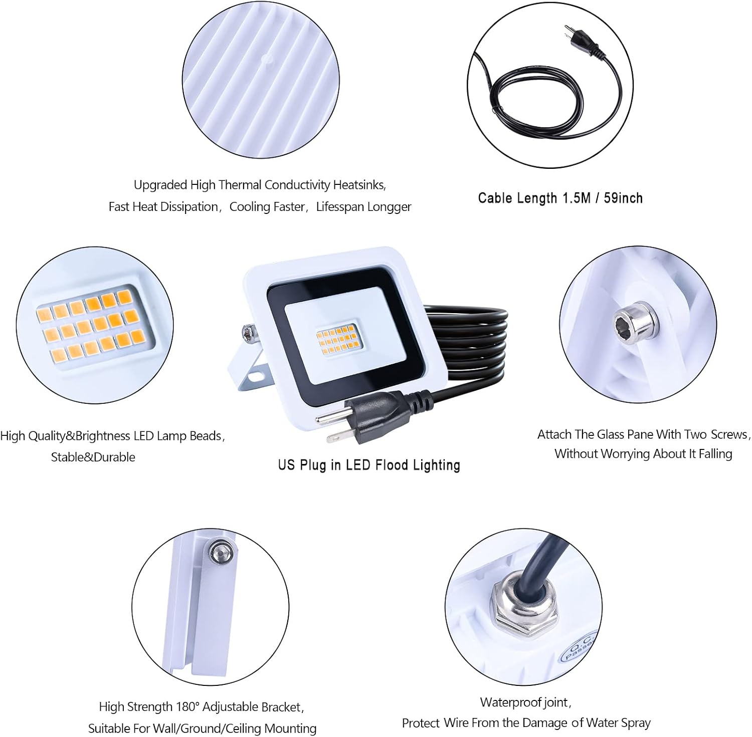MIWAT 20W 2Pack LED Flood Light, White LED Work Light with Plug