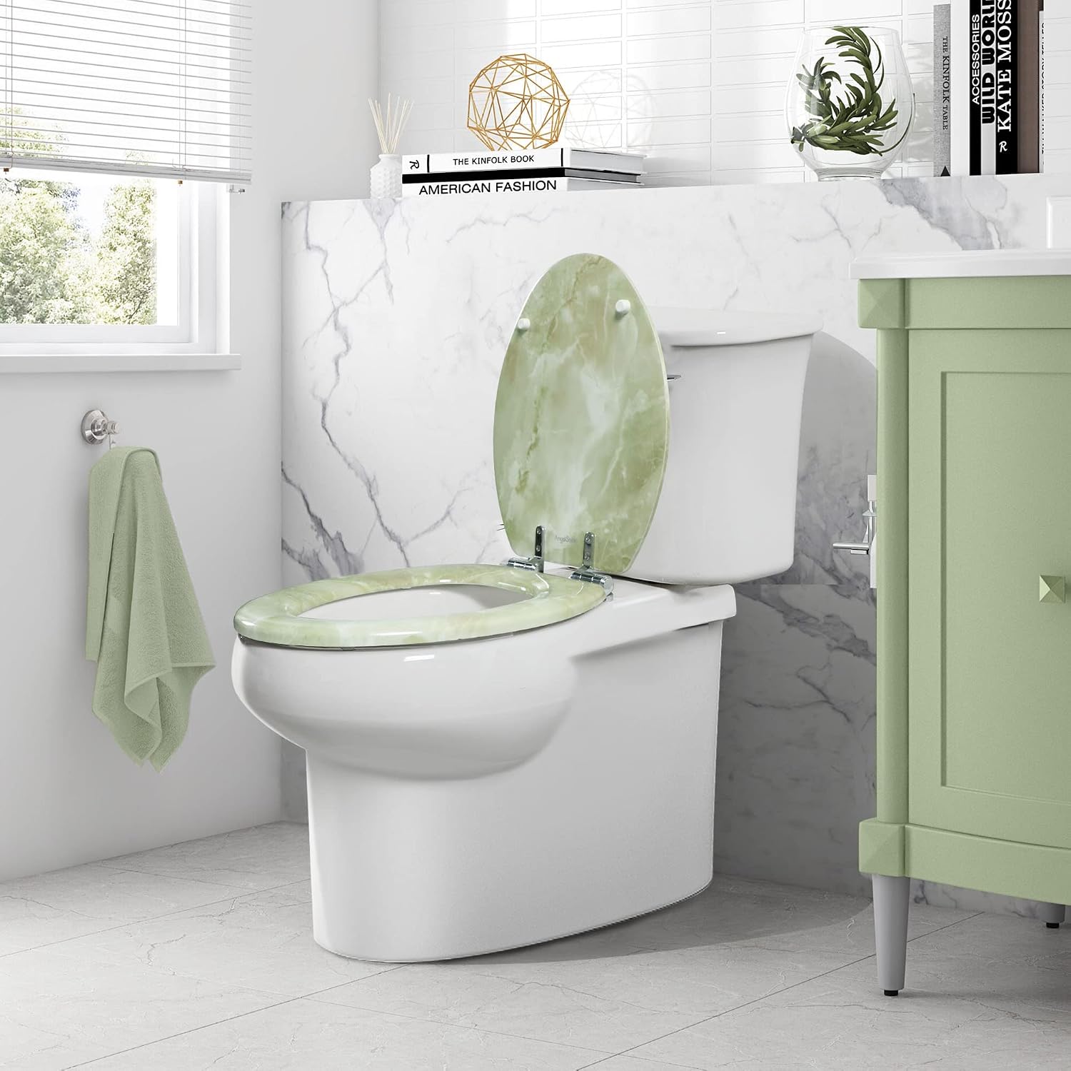Angel Shield Marble Toilet Seat Durable Molded Wood with Quiet Close,Easy Clean，Quick-Release Hinges (Elongated,Black Marble)