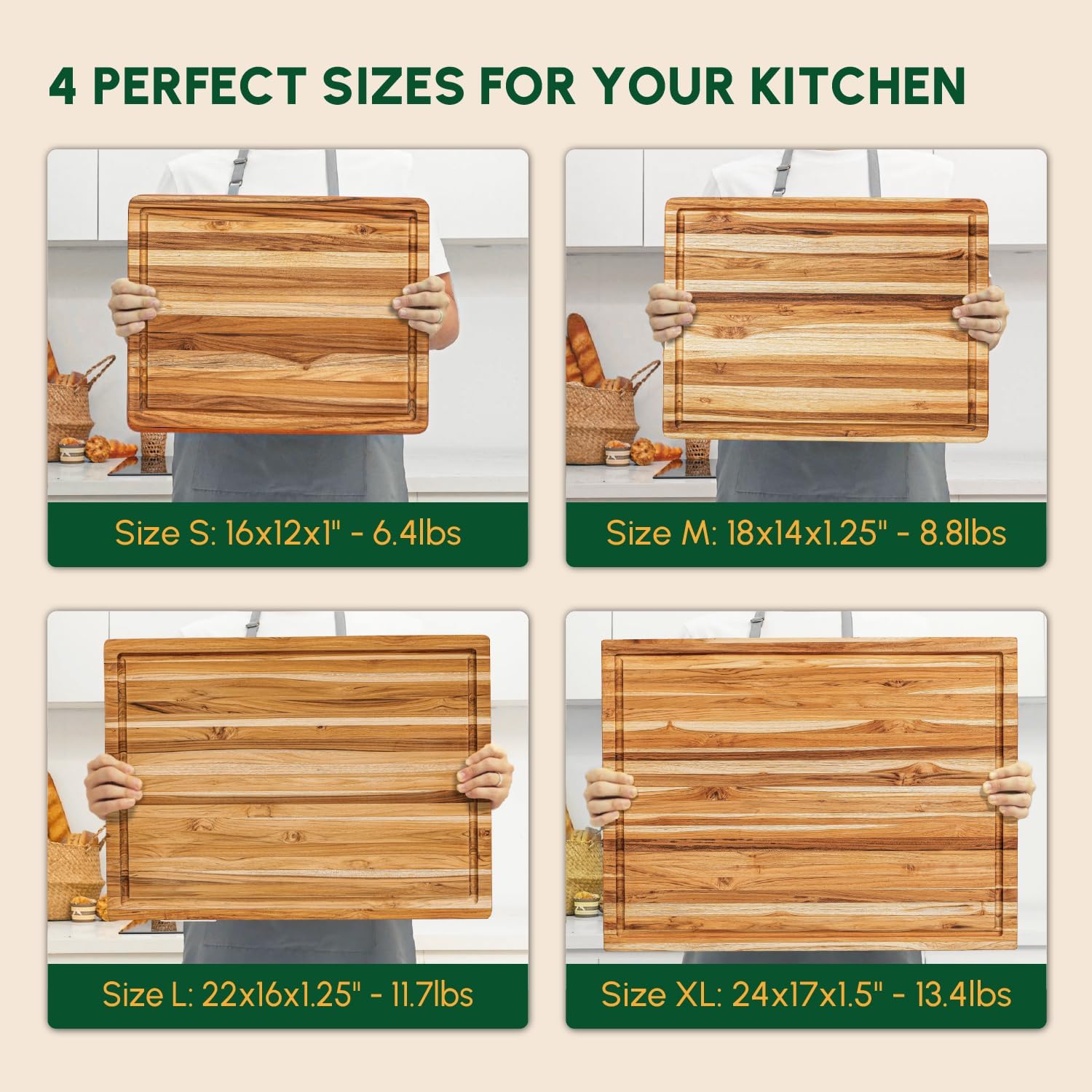 BEEFURNI Teak Wood Cutting Board with Hand Grip (20x15x1.25", M)