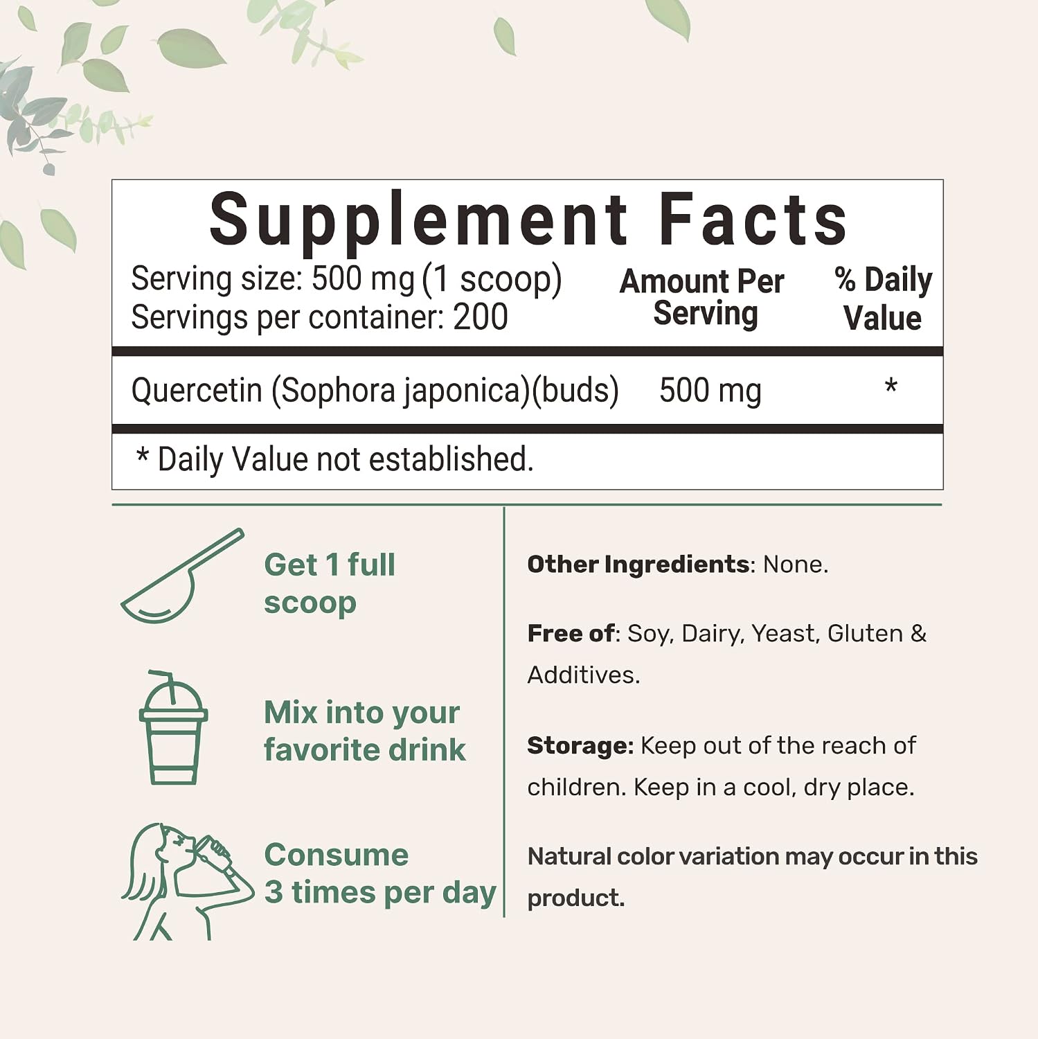 Pure Quercetin Dihydrate Powder, Quercetin 500mg Per Serving, 100 Grams, Most Bioavailable Grade and Filler Free, Powerful Antioxidant Supports Energy