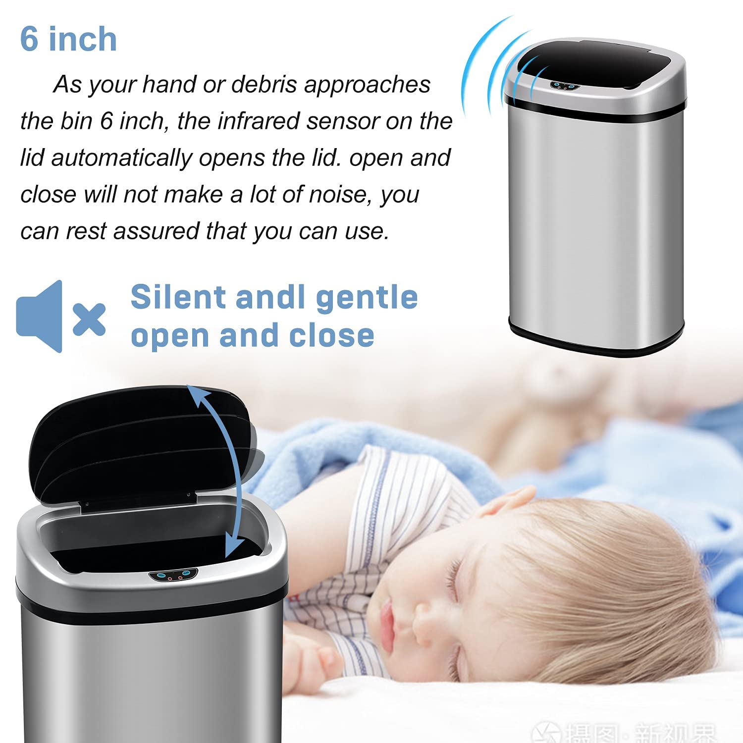 13 Gallon Touch-Free Automatic Stainless-Steel Trash Can Garbage Can Metal Trash Bin with Lid for Kitchen Living Room Office Bathroom, Electronic Motion Sensor Automatic Closure & Opening