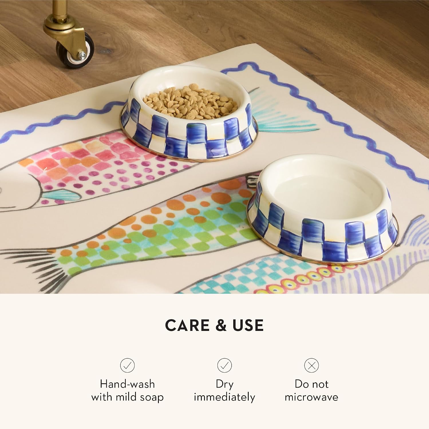 MACKENZIE-CHILDS Enamel Pet Dish, Large, Black-and-White Courtly Check | Decorative cat and dog bowl for food and water, 40-ounce capacity
