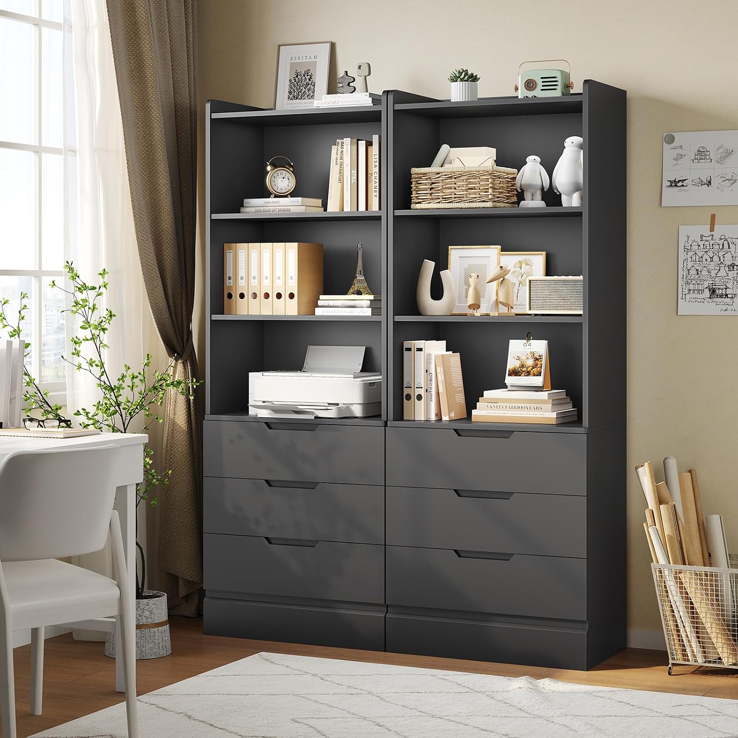 DICTAC 73.23'' Tall Storage Cabinet Bookcase with 3 Drawers and 3-Tier Open Shelves Wooden Bookshelf Kitchen Pantry Storage Organizer Cabinets for Living Room, Study, Kitchen,Bathroom,White