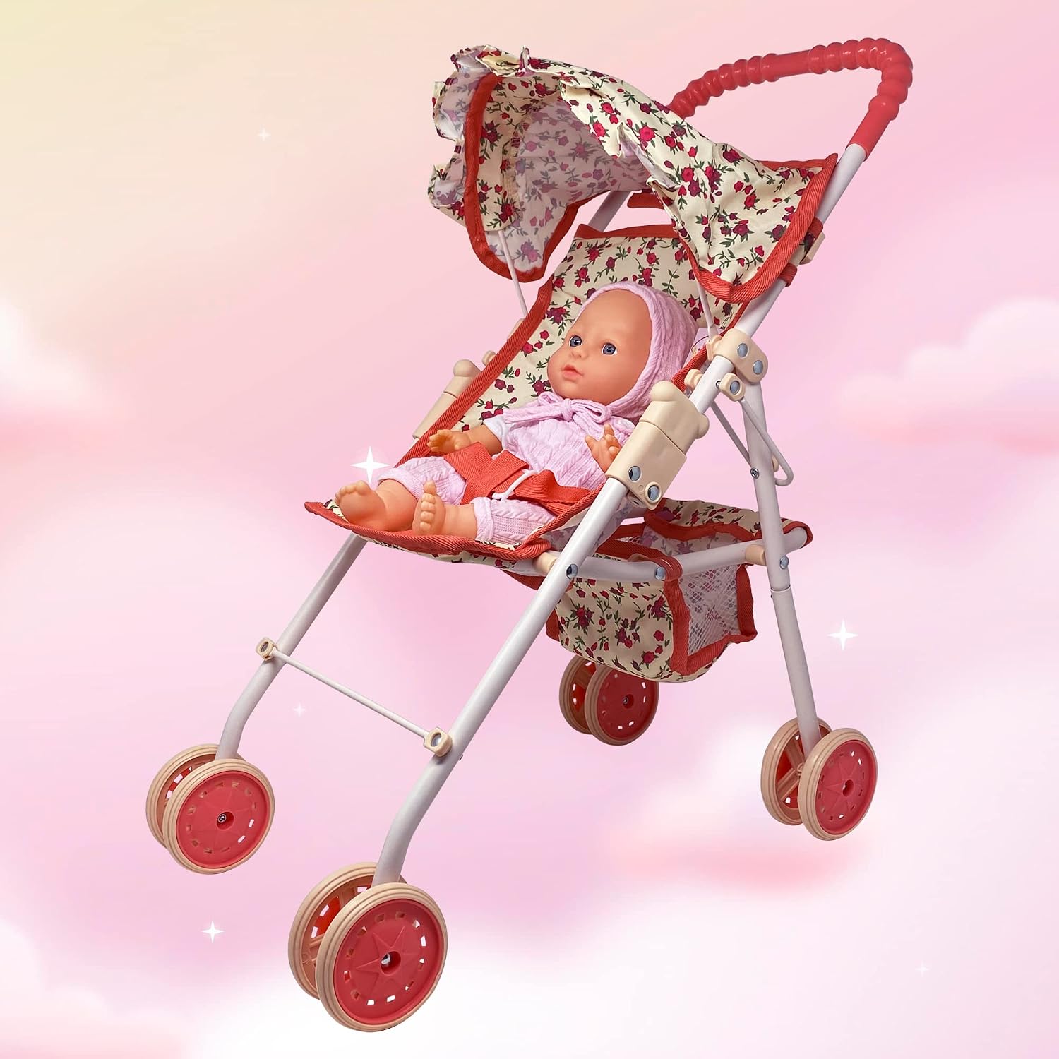 The New York Doll Collection My First Doll Stroller with Basket & Heart Design Foldable Doll Stroller, Pink