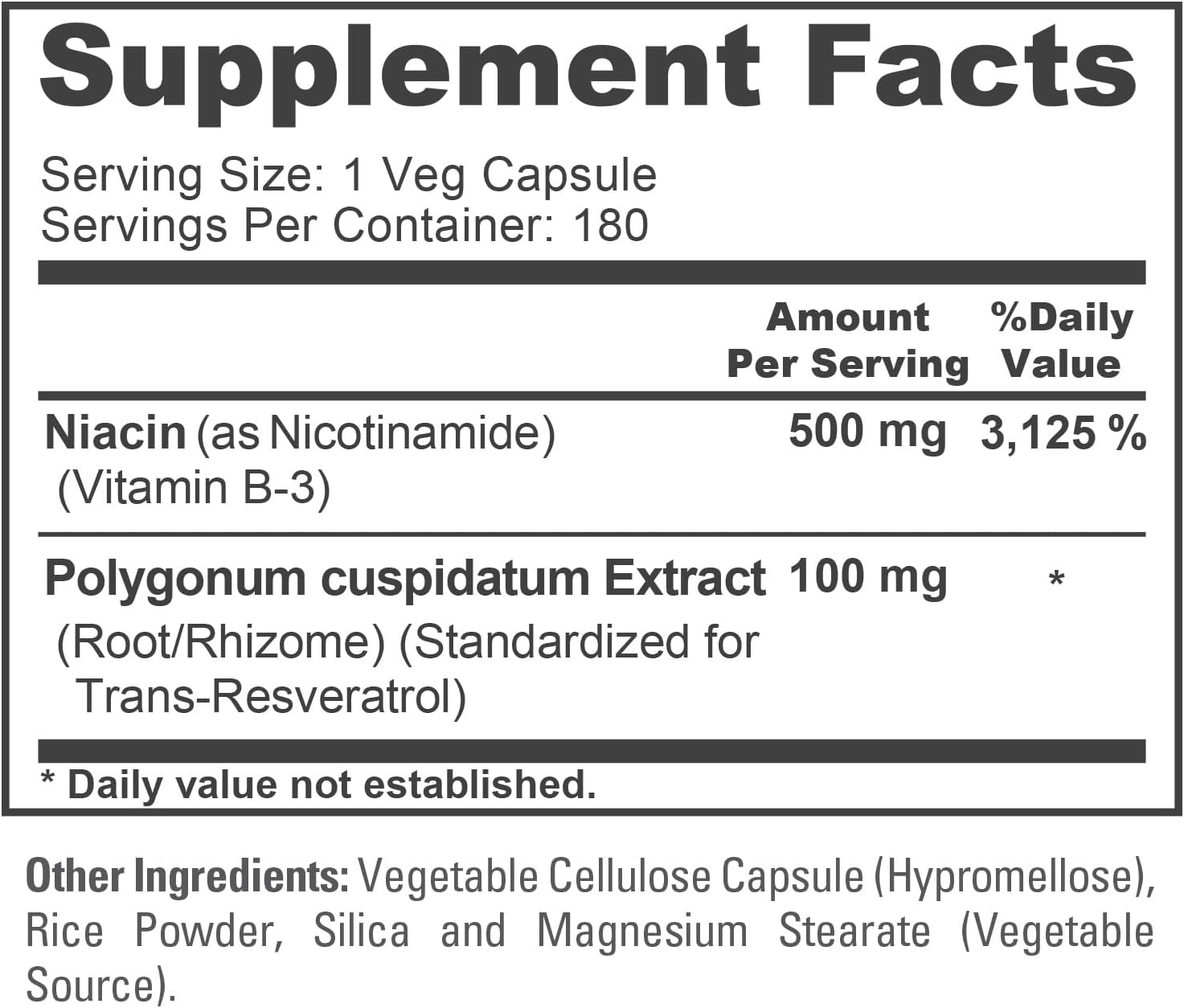 Nicotinamide & Vitamin B-3, Non-GMO, Vegan, 500mg, 180 Caps - 180 Servings