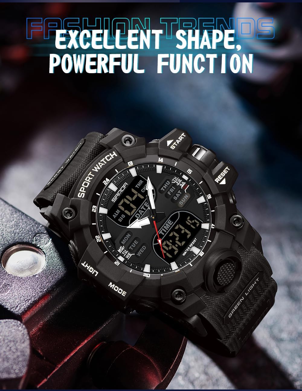Gosasa Men's Large Face Outdoor Sports Watches Military S-Shock Watch Waterproof, Backlight, Alarm, Stopwatch Features - Rugged Wristwatch for Training, Hiking, and Adventure