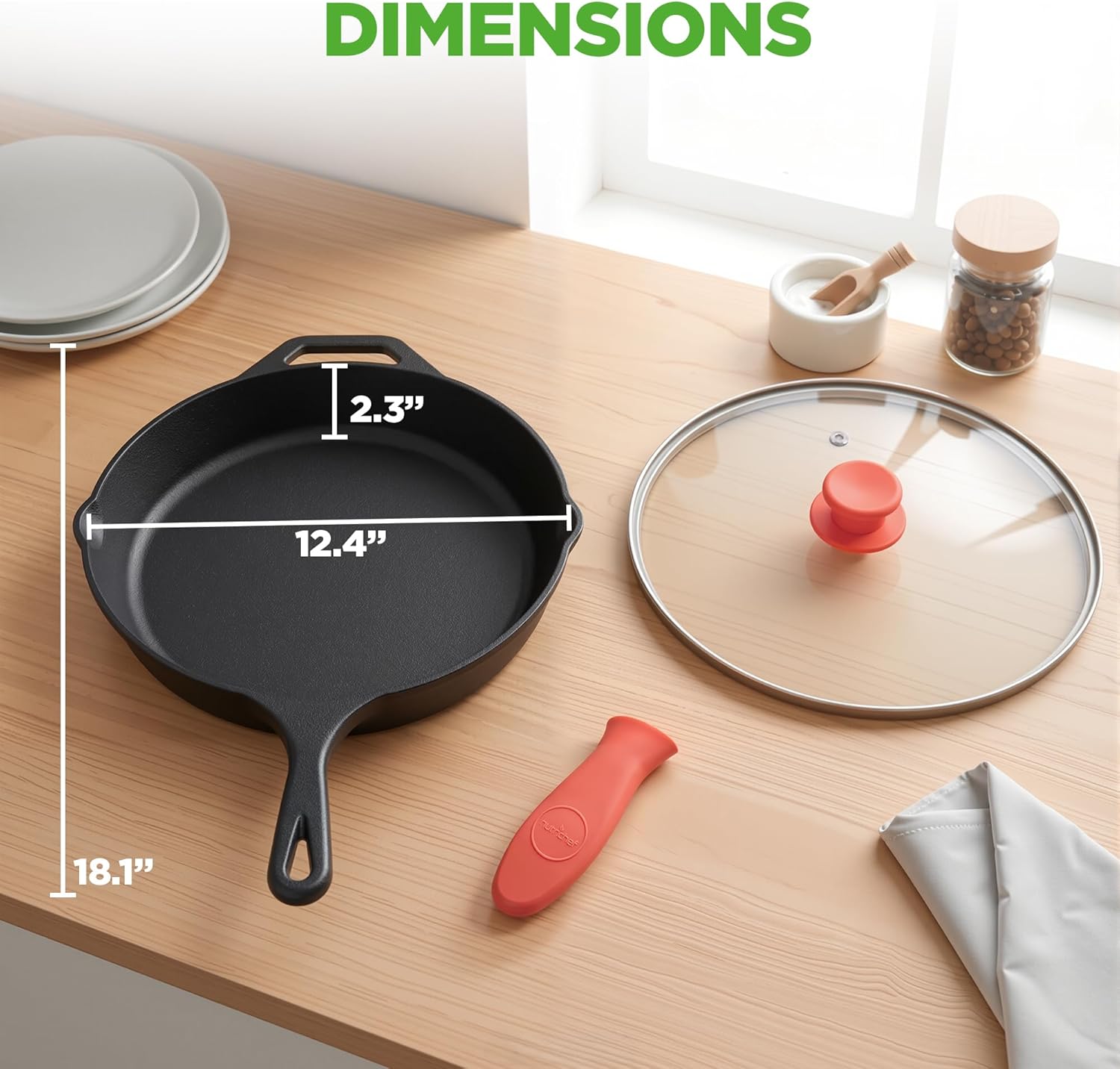 NutriChef 10 Inch Cast Iron Skillet with Lid - Pre-Seasoned Small Fry Pan with Side Drip Spout and Silicone Handle