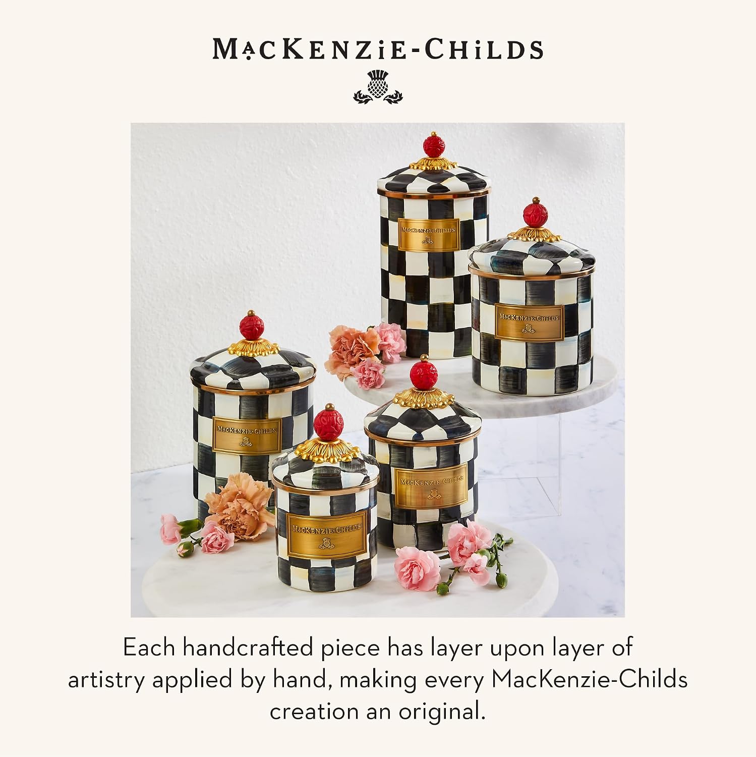 MACKENZIE-CHILDS Enamel Canister, Small, Black-and-White Courtly Check