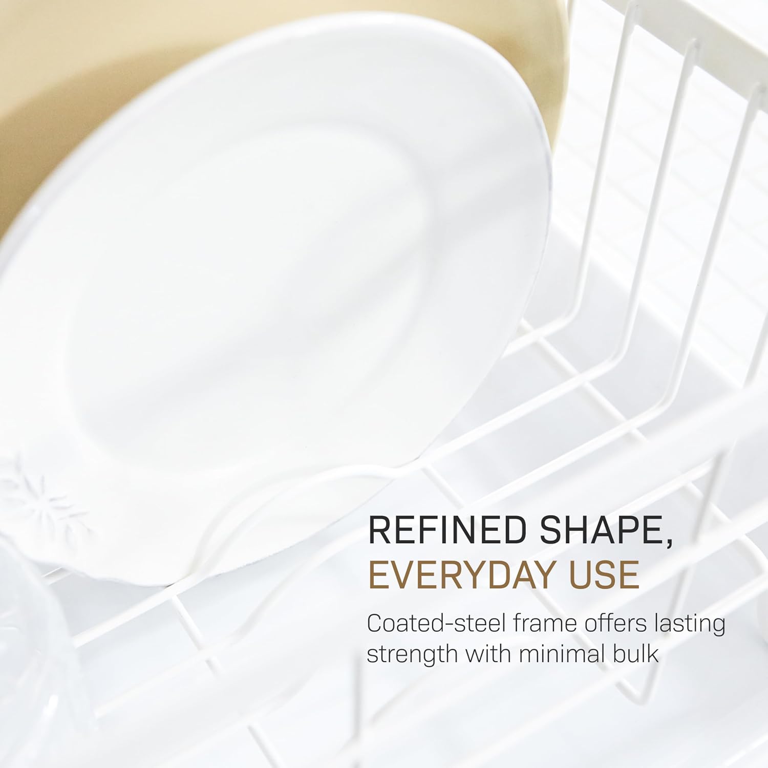 YAMAZAKI Home Dish Drying Rack – Modern White Dish Rack for Kitchen Counter with Removable Drying Tray and Cutlery Holder, Steel + Wood Dish Drying Organizer - Steel + Wood - | Modern dish drying rack organizer with steel and wood construction. Small spa…
