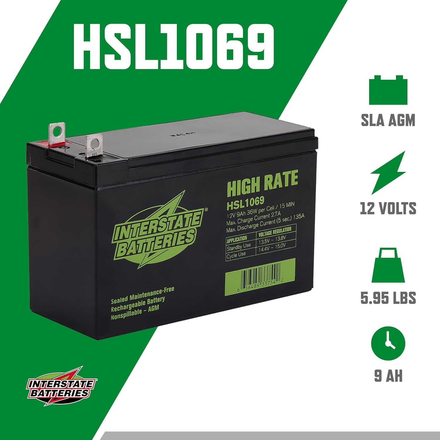 Interstate Batteries High Rate Battery 12V 9Ah SLA AGM VRLA HSL1069